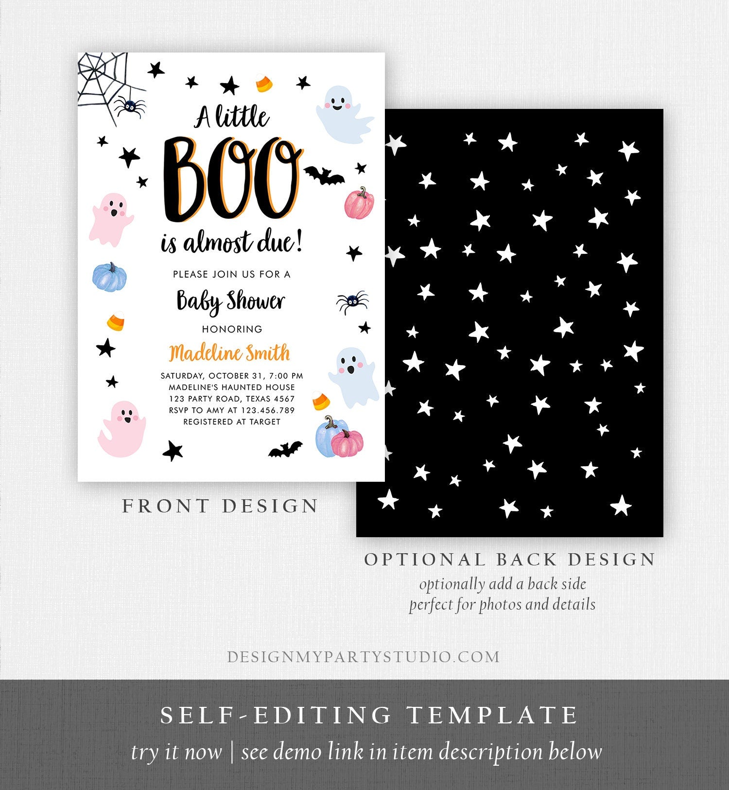 Editable Boo Baby Shower Invitation Cute Halloween Baby Shower Costume Party Pastel Ghost Gender Neutral Digital Template Printable 0418