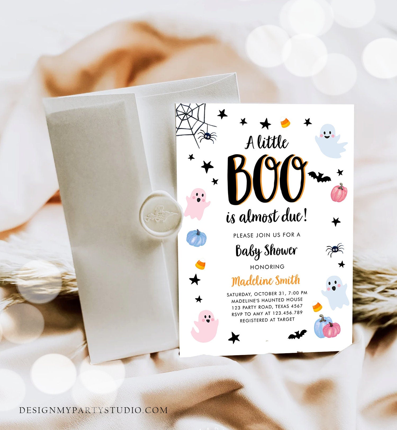 Editable Boo Baby Shower Invitation Cute Halloween Baby Shower Costume Party Pastel Ghost Gender Neutral Digital Template Printable 0418