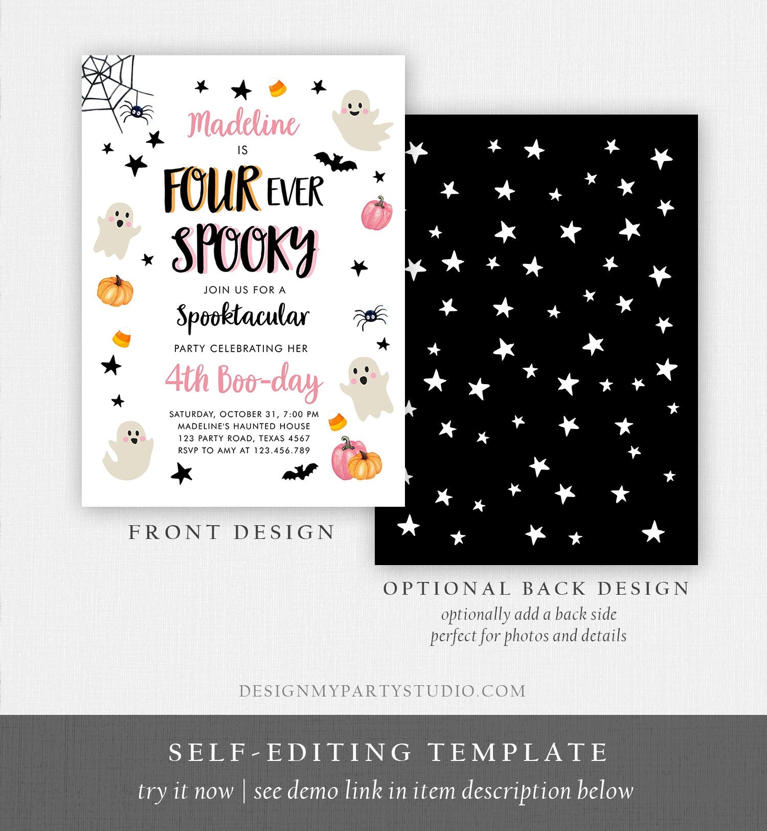 Editable Halloween Four Ever Spooky Birthday Invitation 4th Pink Ghost Costume Party Girl Pink Party Download Printable Template Corjl 0418