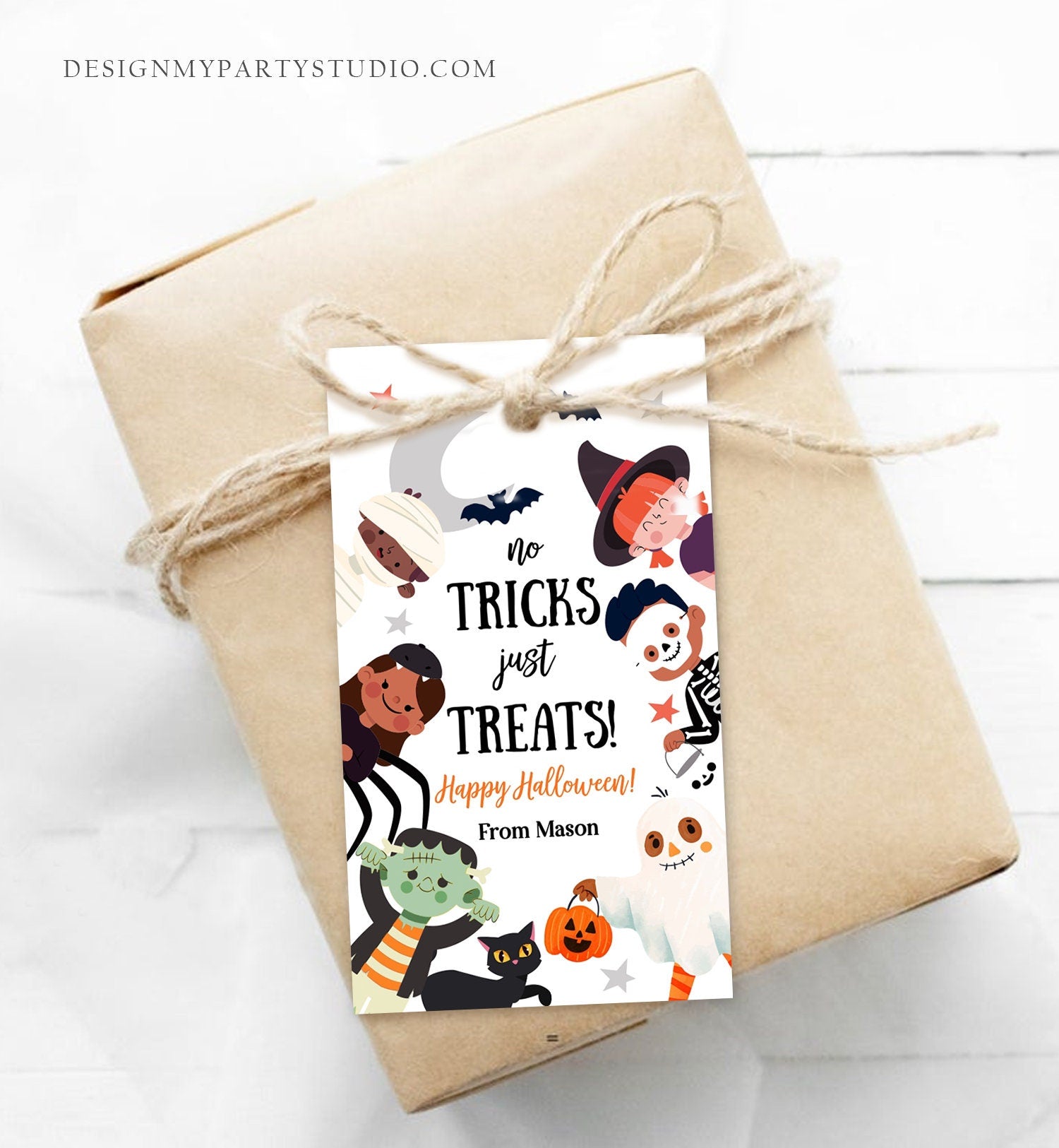 Editable Halloween Gift Tag No Tricks Just Treats Halloween Trick Or Treat Favor Tags Kids Digital Download Template Printable 0261 0473