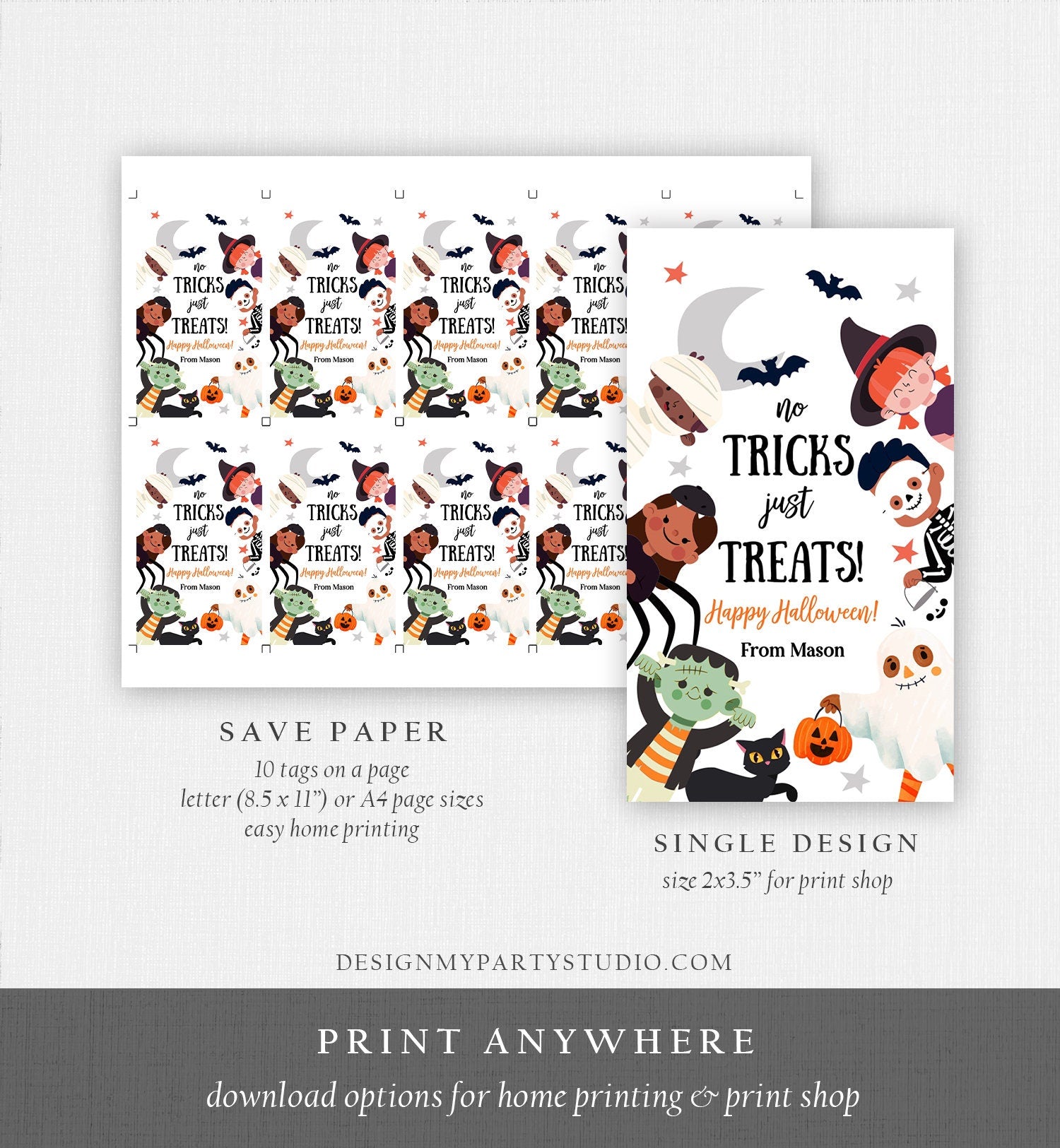 Editable Halloween Gift Tag No Tricks Just Treats Halloween Trick Or Treat Favor Tags Kids Digital Download Template Printable 0261 0473