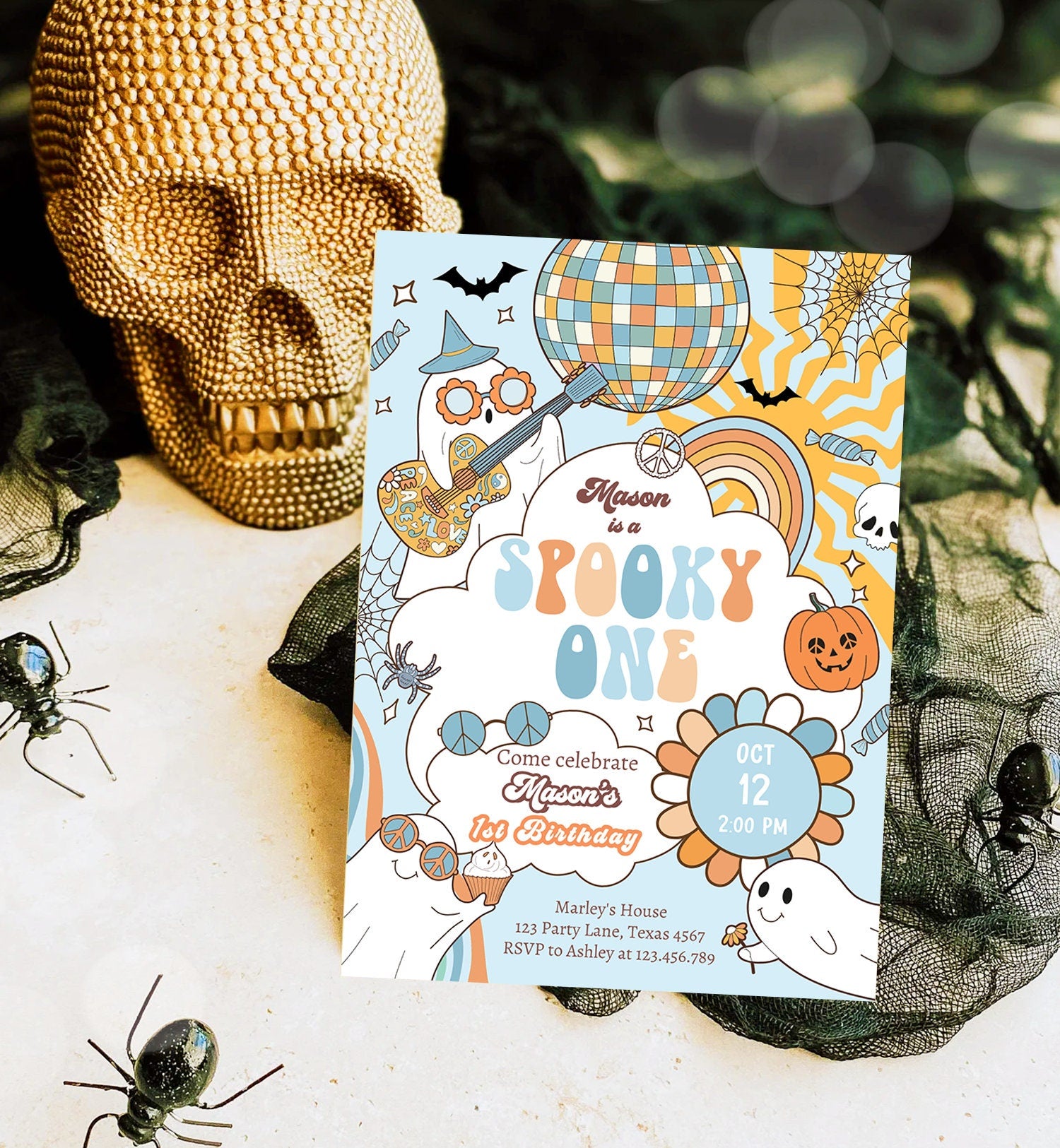 Editable Groovy Halloween 1st Birthday Invitation Spooky One Invite Boy Blue Ghost Party Spooktacular Download Template Printable 0471 0009