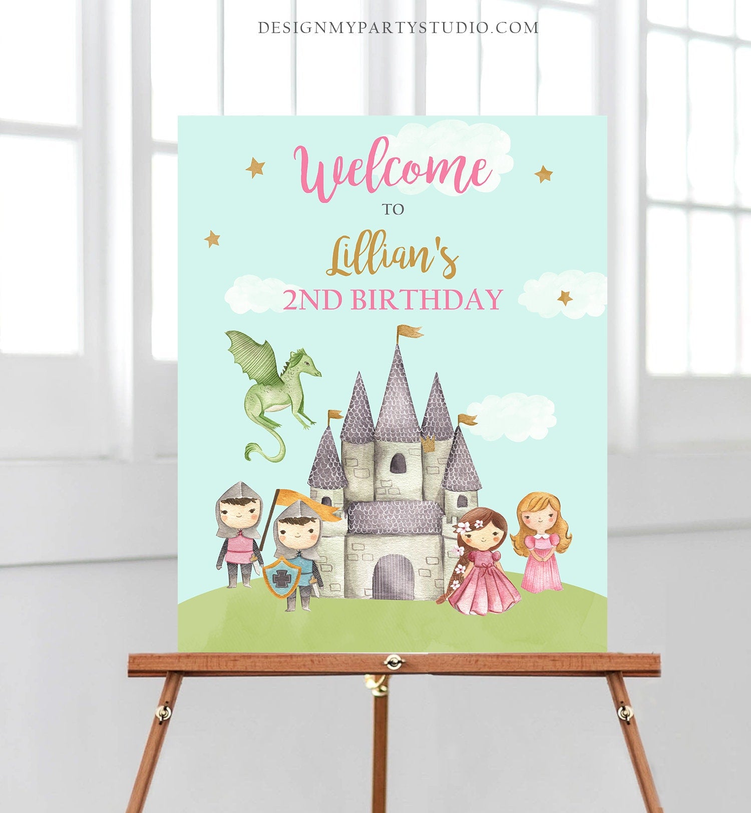 Editable Princess and Knight Birthday Welcome Sign Girl Dual Joint Boy Girl Royal Castle Pink Gold Dragon Template Corjl PRINTABLE 0171