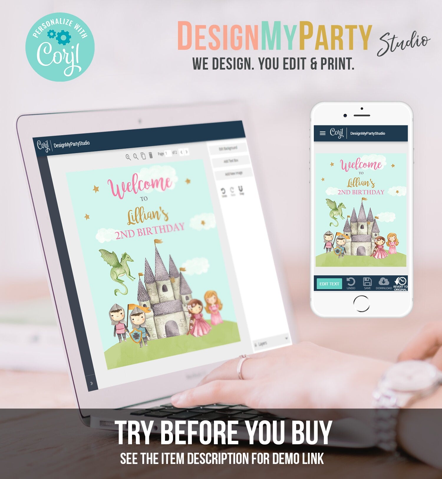 Editable Princess and Knight Birthday Welcome Sign Girl Dual Joint Boy Girl Royal Castle Pink Gold Dragon Template Corjl PRINTABLE 0171