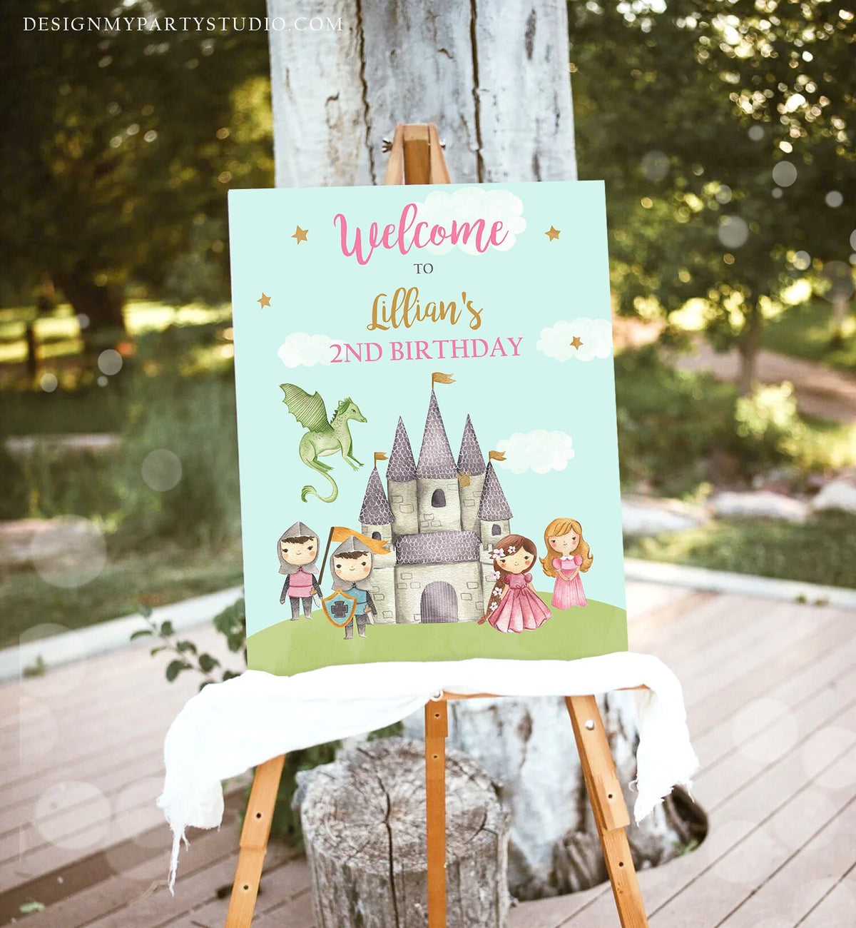 Editable Princess and Knight Birthday Welcome Sign Girl Dual Joint Boy Girl Royal Castle Pink Gold Dragon Template Corjl PRINTABLE 0171