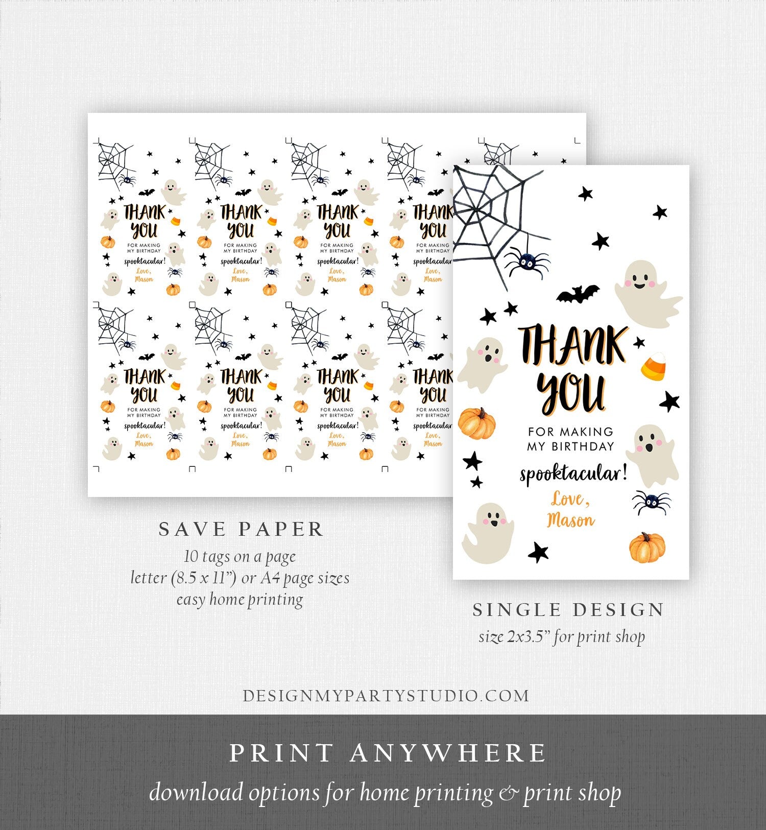 Editable Halloween Birthday Thank You Favor Tags Costume Party Boy Girl Spooktacular Ghost Party Download Printable Template Corjl 0418