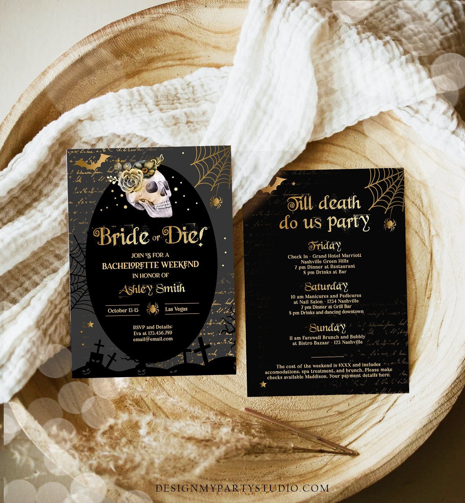 Editable Bachelorette Bride or Die Itinerary Invitation Halloween Bachelorette Weekend Evite Till Death Do Us Party Download Corjl 0472 0009