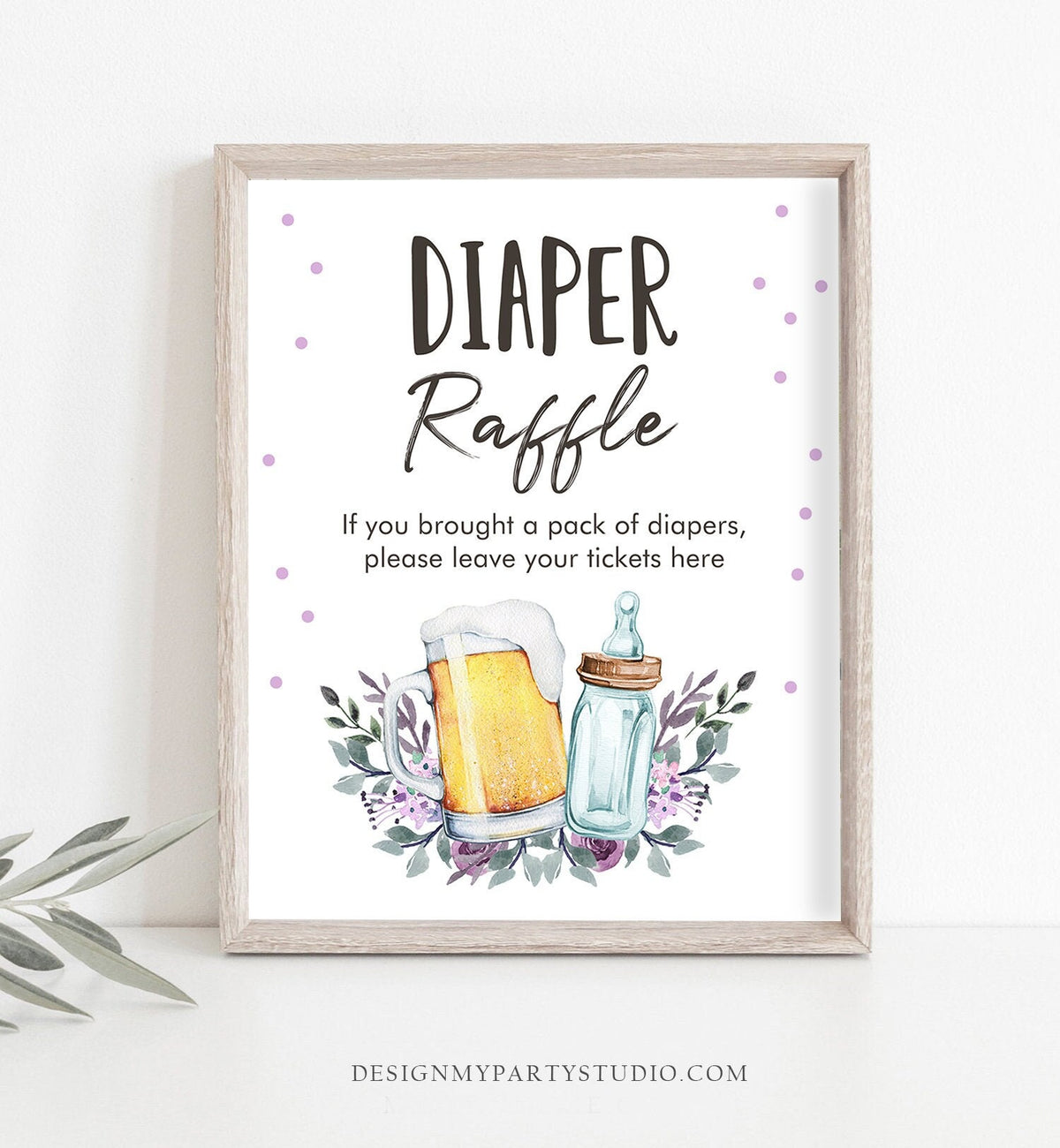 Baby is Brewing Diaper Raffle Bottles and Beers Baby Shower Greenery Diaper Ticket Table Sign Lavender Greenery Digital Printable 0190