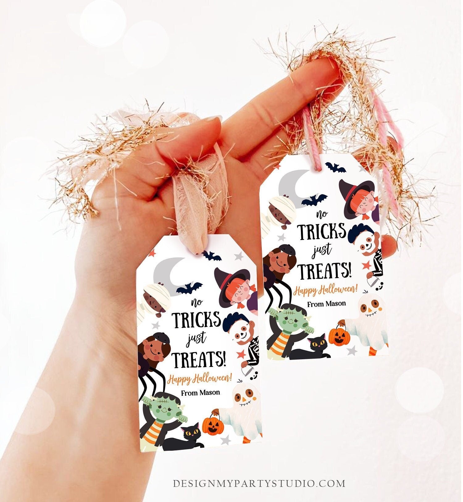 Editable Halloween Gift Tag No Tricks Just Treats Halloween Trick Or Treat Favor Tags Kids Digital Download Template Printable 0261 0473