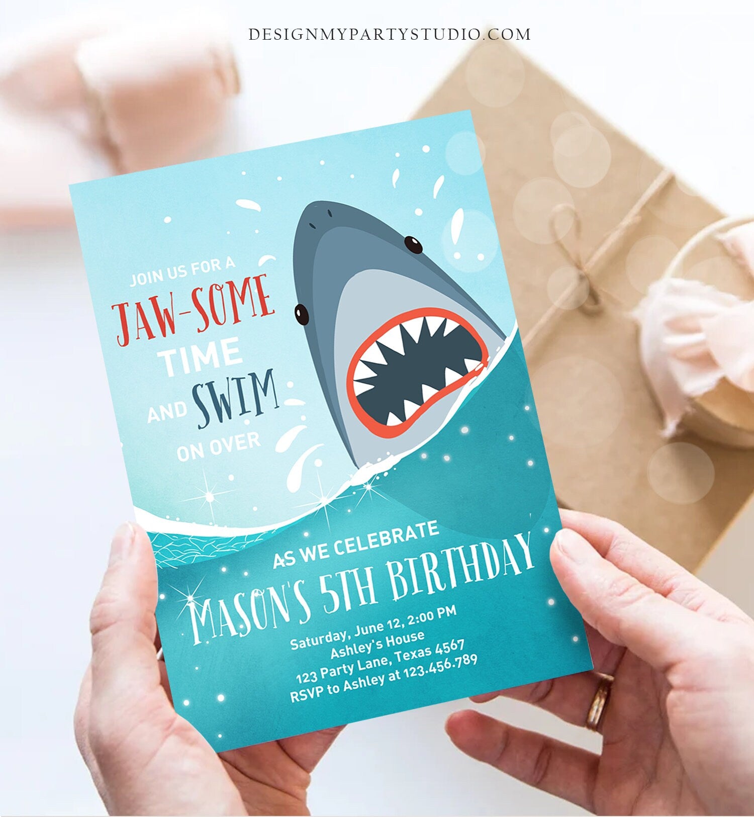 Editable Shark Birthday Invitation Shark Invitation Fintastic Shark Party Shark JawSome Under The Sea Download Printable Template Corjl 0089