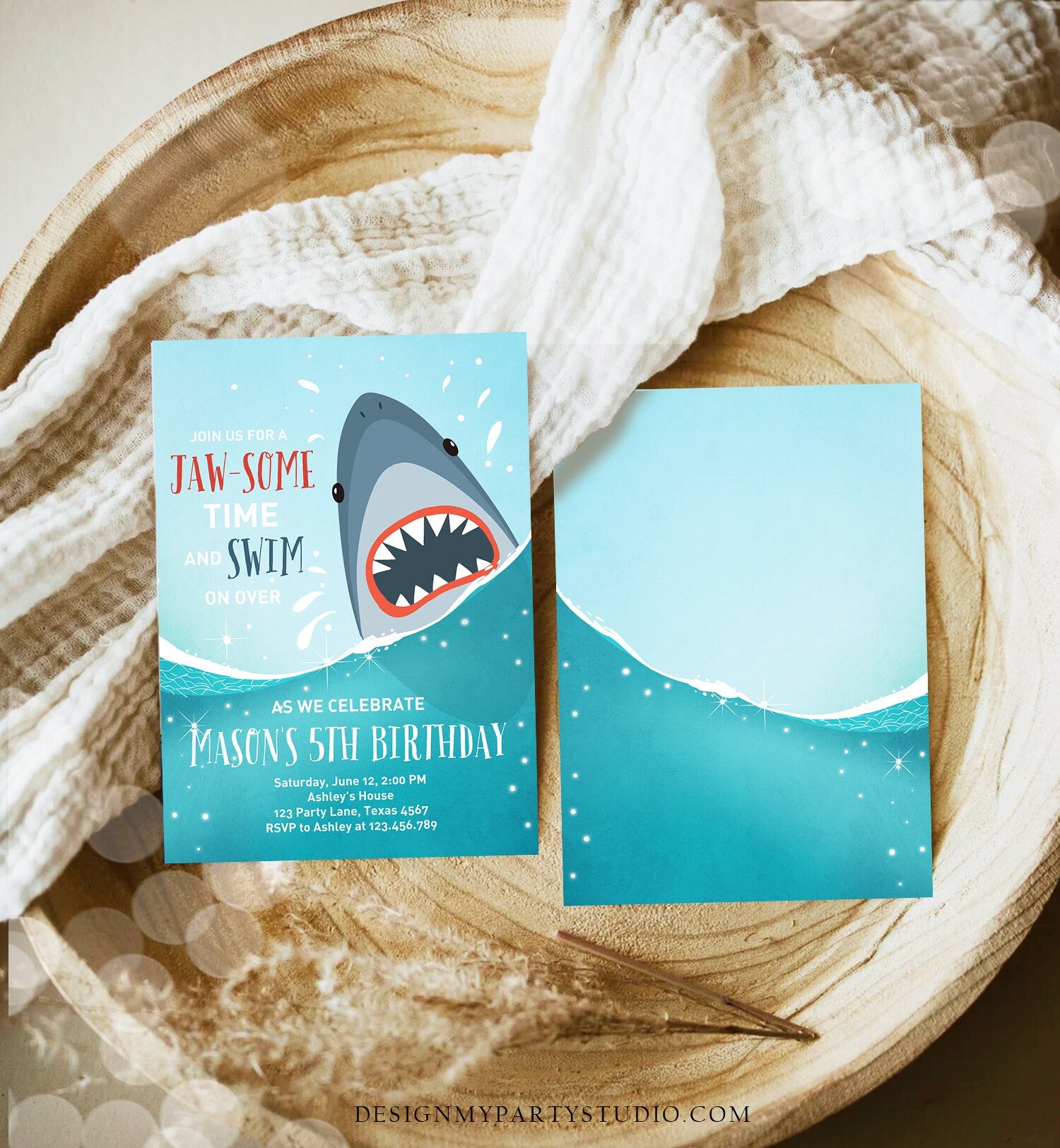 Editable Shark Birthday Invitation Shark Invitation Fintastic Shark Party Shark JawSome Under The Sea Download Printable Template Corjl 0089