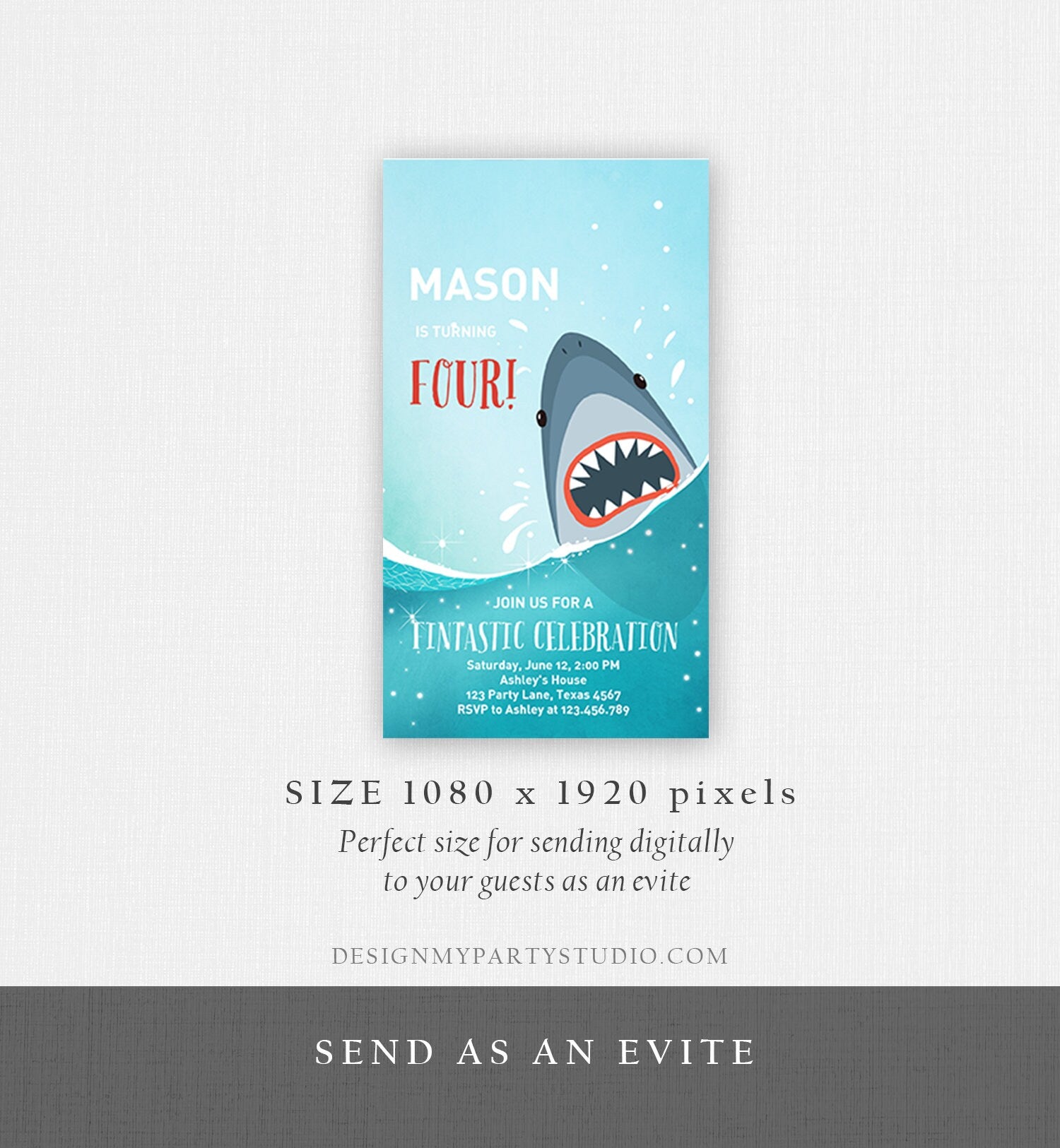 Editable Shark Birthday Evite Shark Invitation Fintastic Shark Party Shark Under The Sea Boy Download Phone Electronic Template Corjl 0089