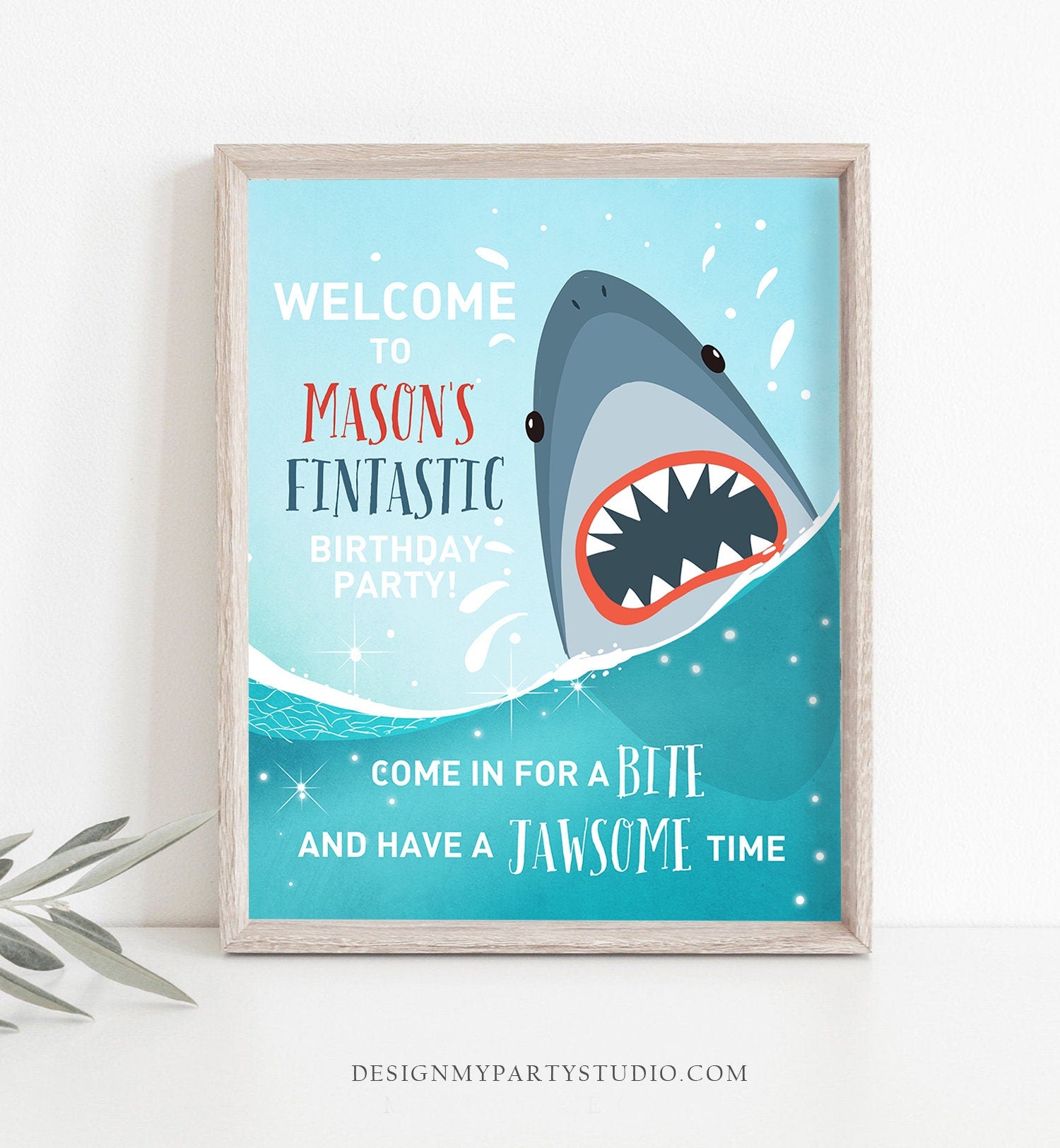 Editable Shark Welcome Sign Shark Birthday Sign Under The Sea Sharktastic Fintastic Jawsome Pool Party Boy Template Corjl PRINTABLE 0089