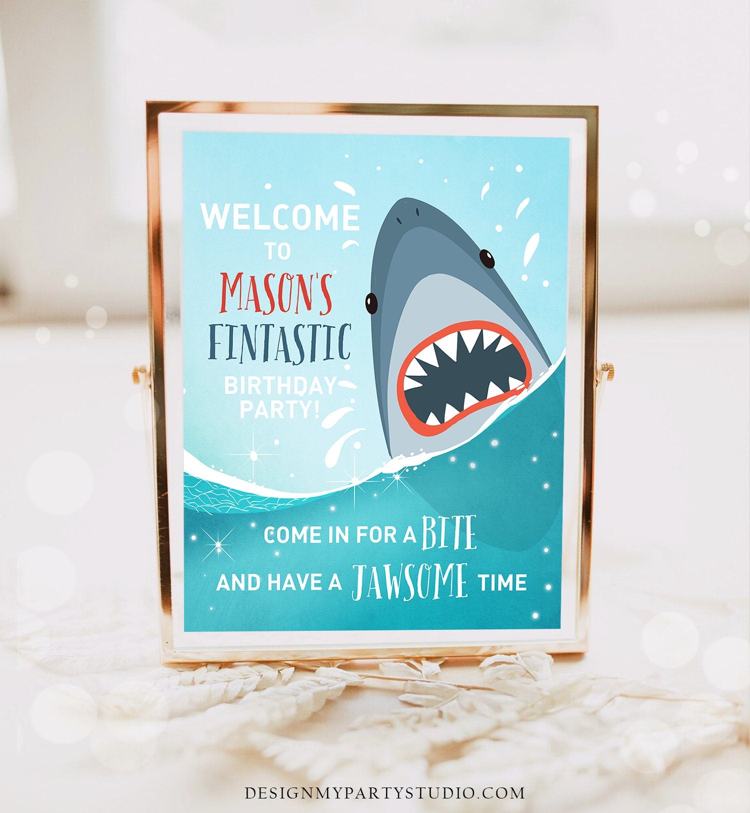 Editable Shark Welcome Sign Shark Birthday Sign Under The Sea Sharktastic Fintastic Jawsome Pool Party Boy Template Corjl PRINTABLE 0089