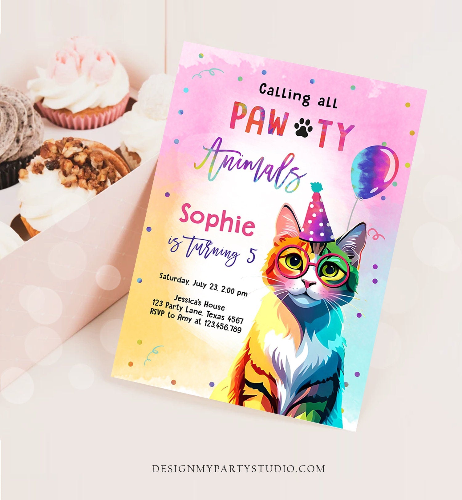 Editable Cat Birthday Party Invitation Kitten Birthday Invite Calling All Pawty Animals Party Animals Download Printable Template Corjl 0476