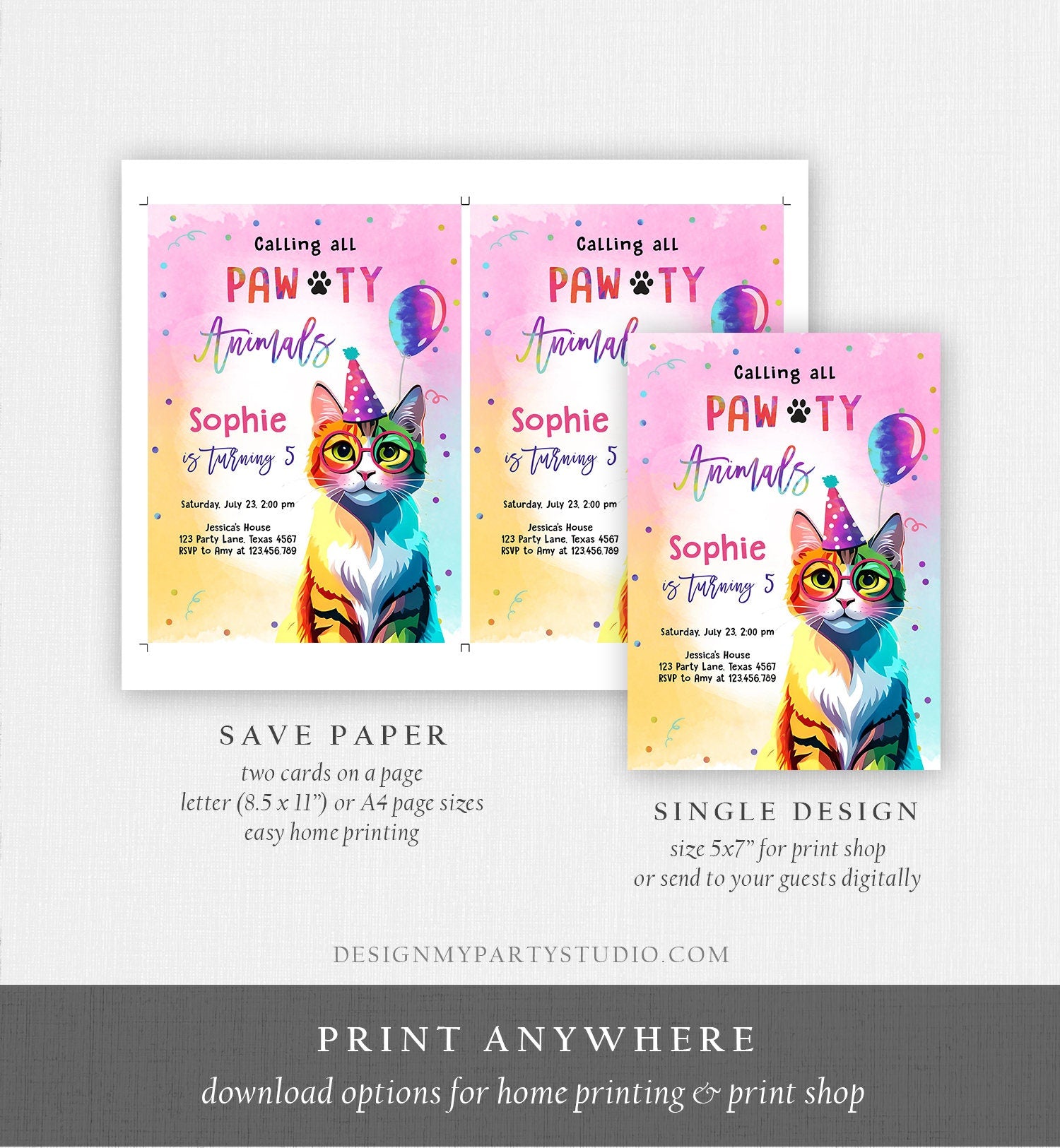 Editable Cat Birthday Party Invitation Kitten Birthday Invite Calling All Pawty Animals Party Animals Download Printable Template Corjl 0476