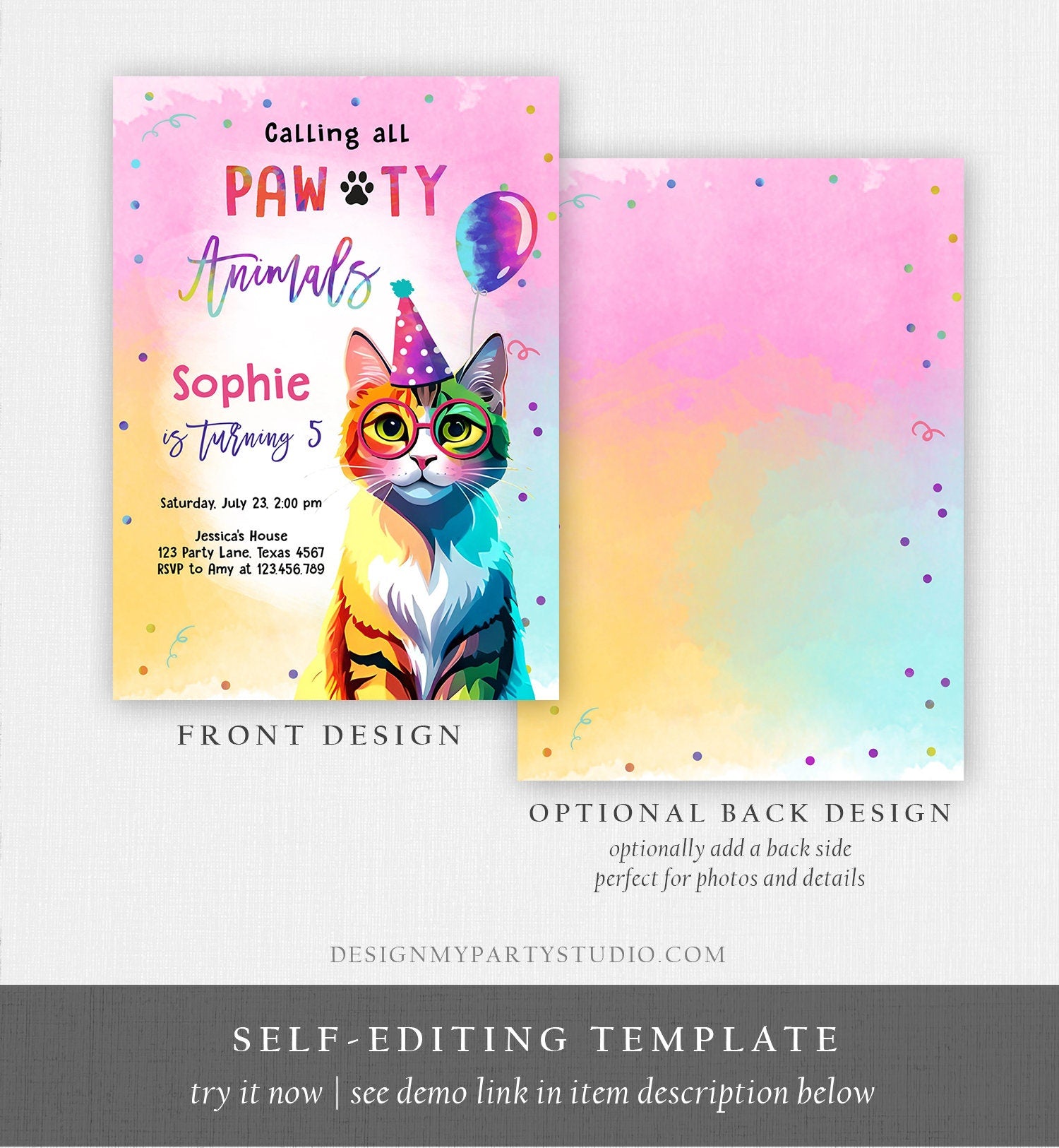 Editable Cat Birthday Party Invitation Kitten Birthday Invite Calling All Pawty Animals Party Animals Download Printable Template Corjl 0476