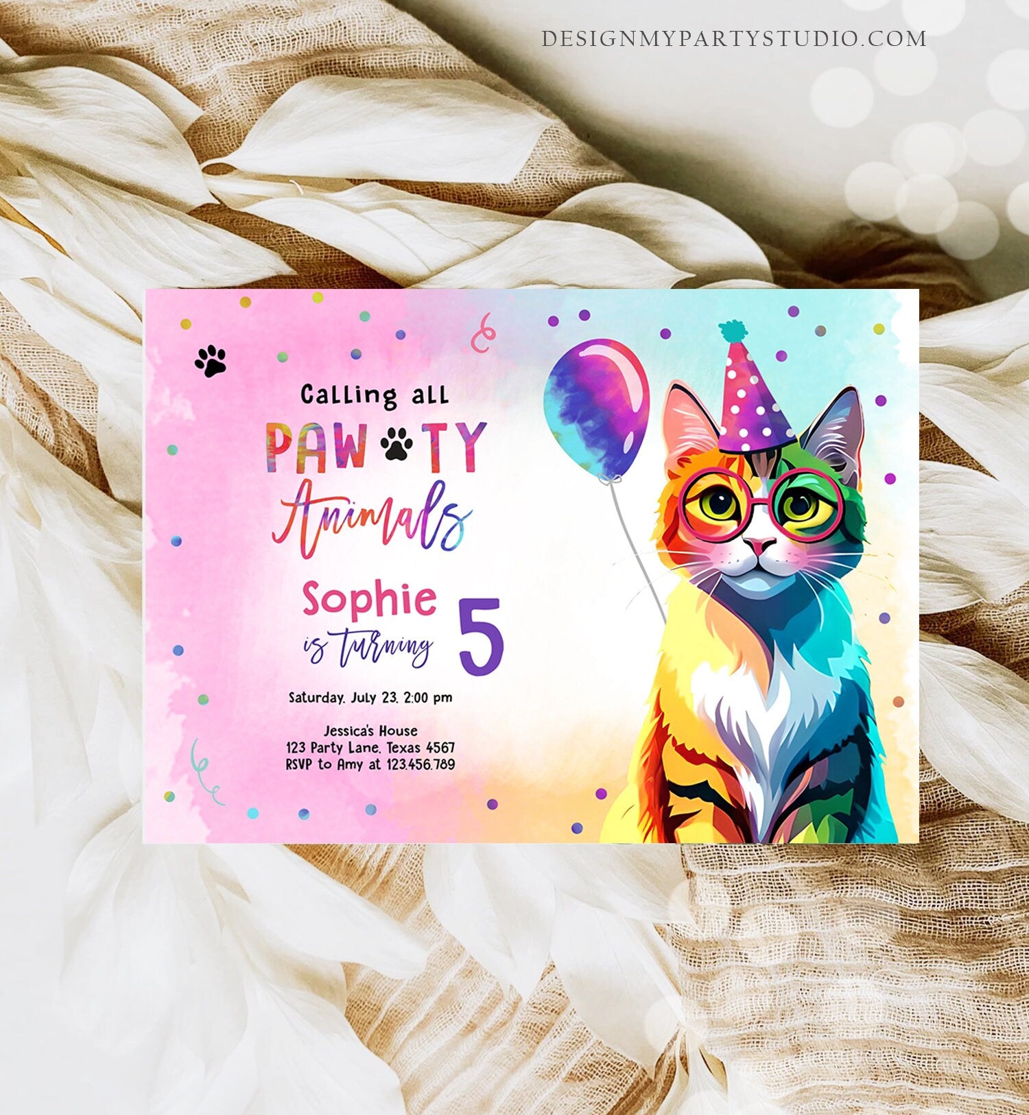 Editable Cat Birthday Party Invitation Kitten Birthday Invite Calling All Pawty Animals Party Animals Download Printable Template Corjl 0476