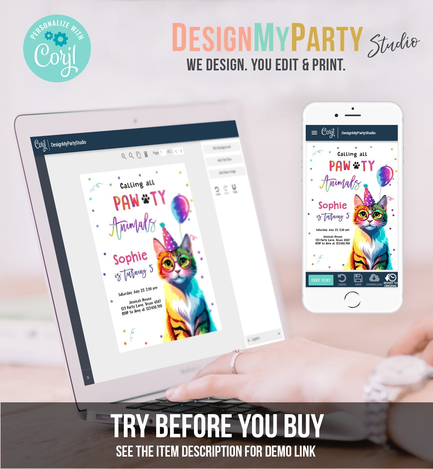 Editable Cat Birthday Party Invitation Kitten Birthday Invite Calling All Pawty Animals Party Animals Download Printable Template Corjl 0476