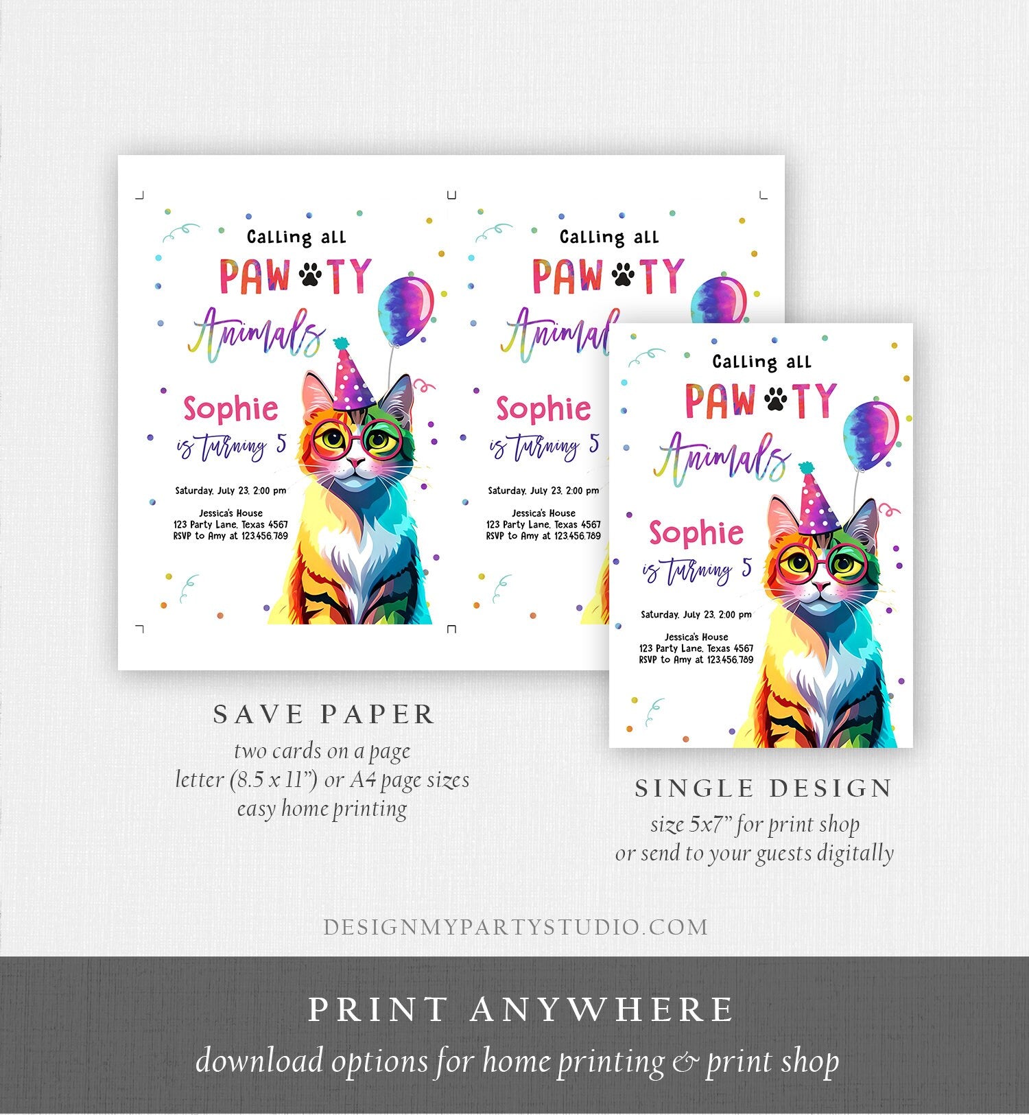 Editable Cat Birthday Party Invitation Kitten Birthday Invite Calling All Pawty Animals Party Animals Download Printable Template Corjl 0476