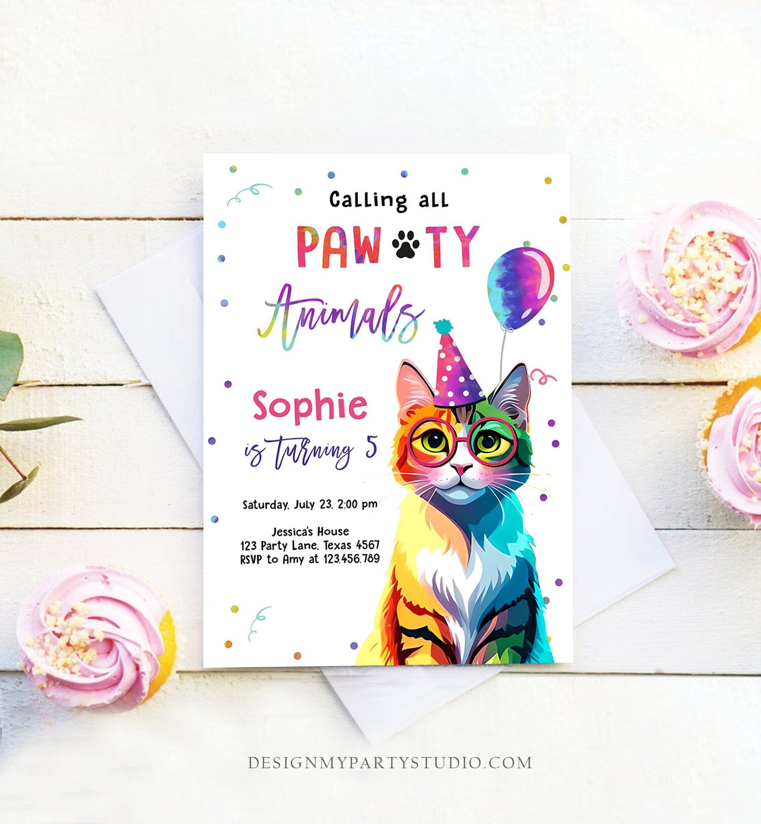 Editable Cat Birthday Party Invitation Kitten Birthday Invite Calling All Pawty Animals Party Animals Download Printable Template Corjl 0476