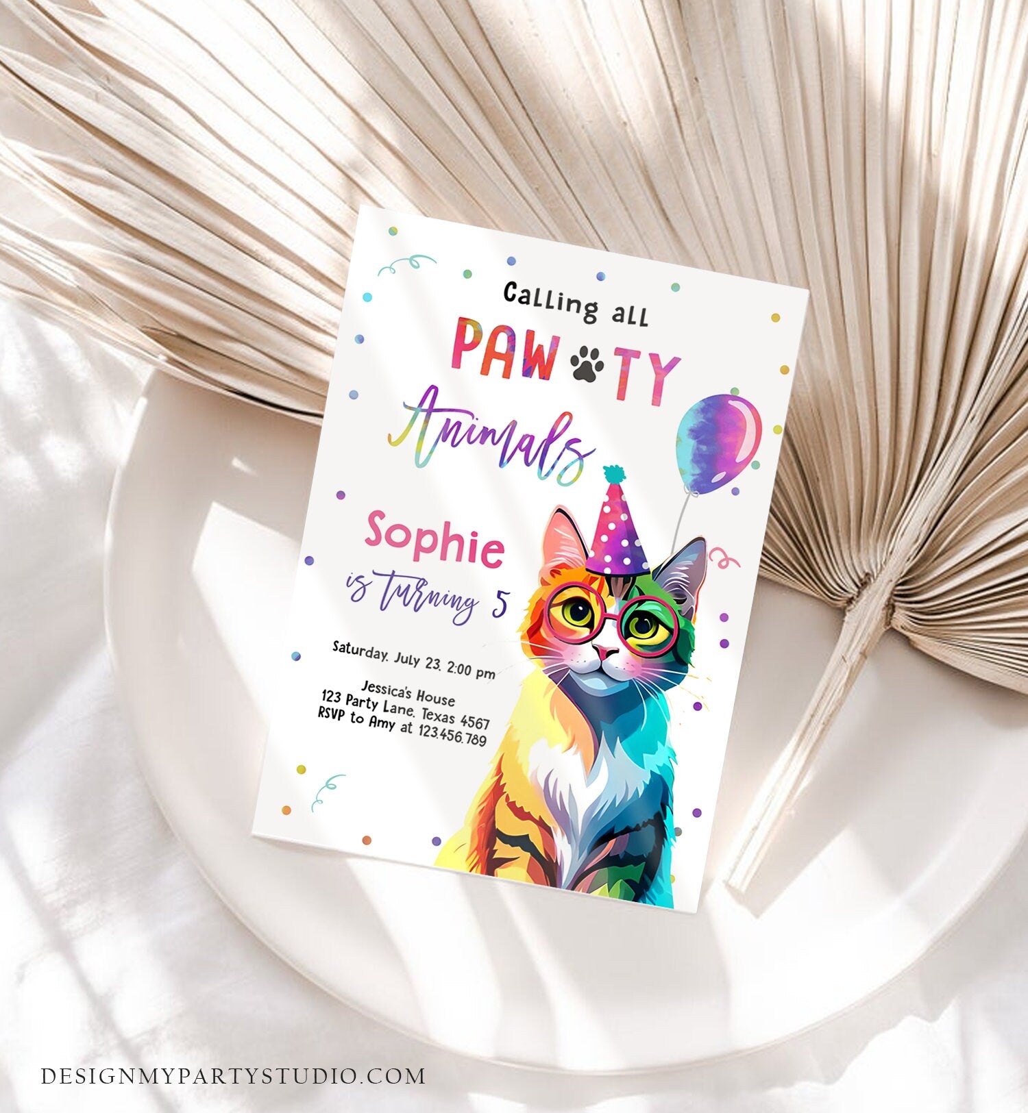 Editable Cat Birthday Party Invitation Kitten Birthday Invite Calling All Pawty Animals Party Animals Download Printable Template Corjl 0476