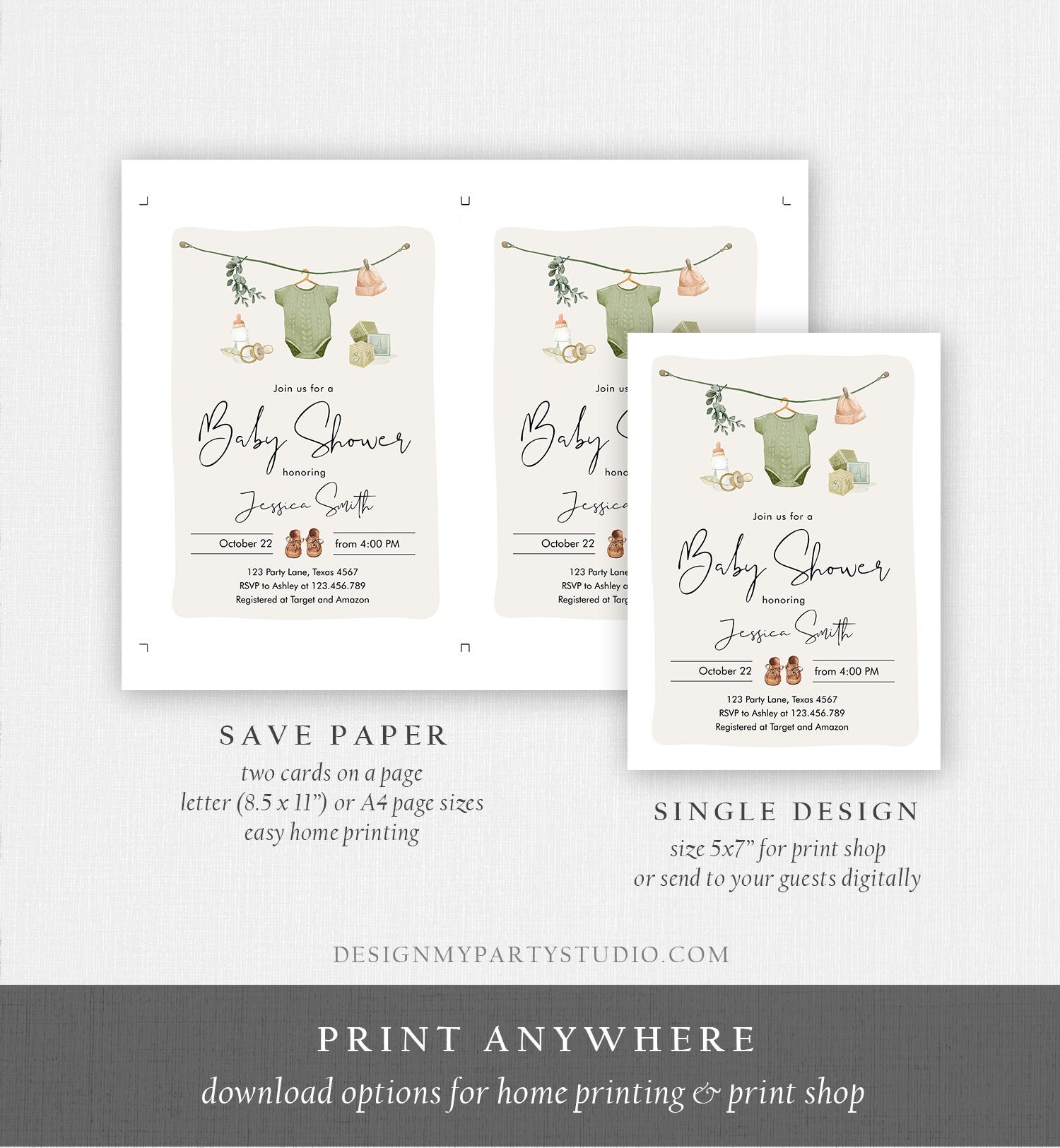 Editable Boy Baby Shower Invitation Boho Baby Shower Invitation Coed Shower Baby Clothes Rustic Download Printable Template Corjl 0470