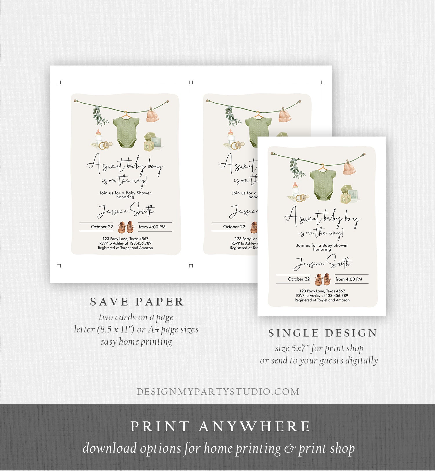 Editable Boy Baby Shower Invitation Boho Baby Shower Invitation Coed Shower Baby Clothes Rustic Download Printable Template Corjl 0470