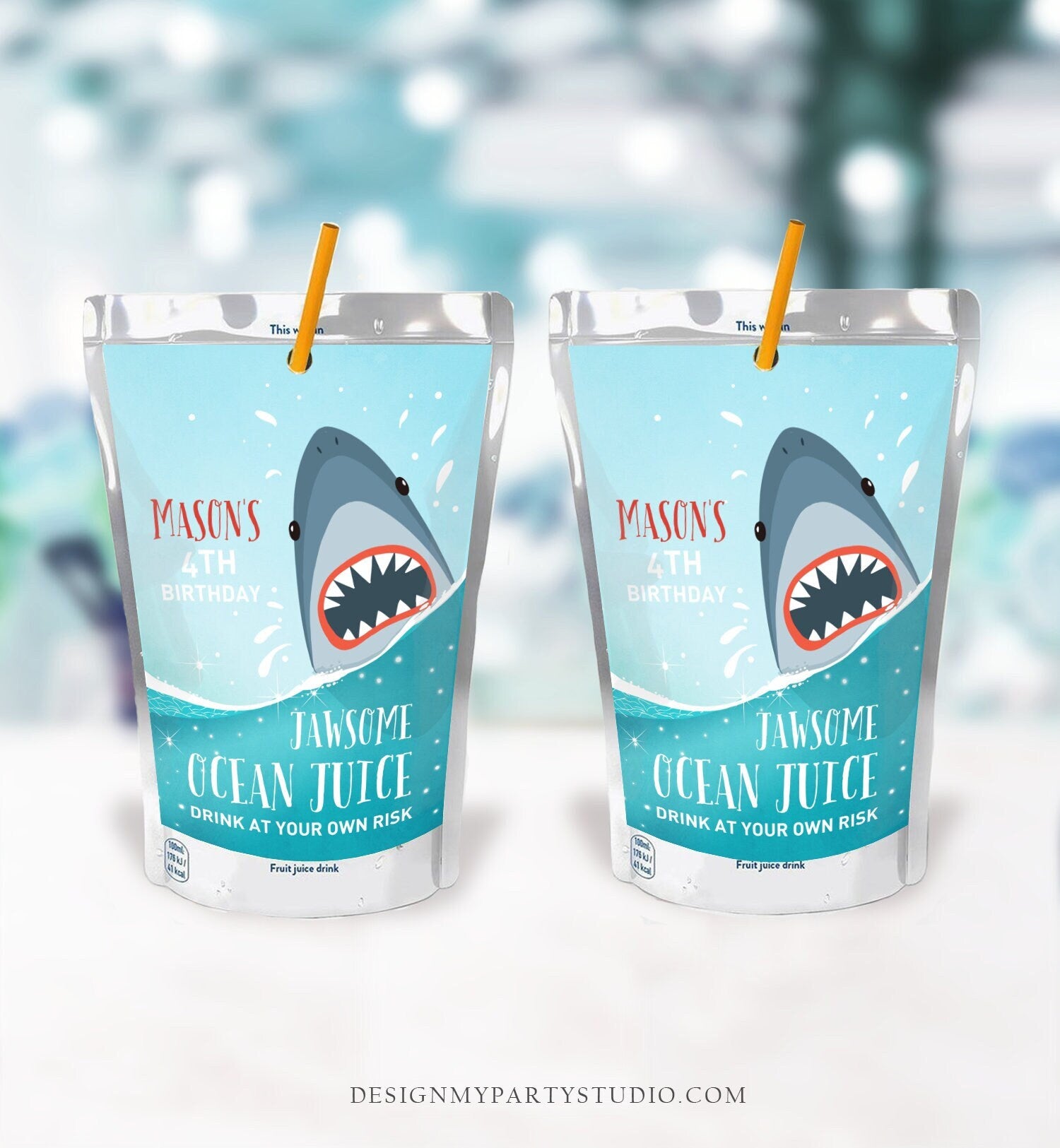 Editable Shark Birthday Juice Pouch Label Juice Favors Shark Labels Boy Ocean Jawsome Fintastic Sea Digital Download Template Printable 0089