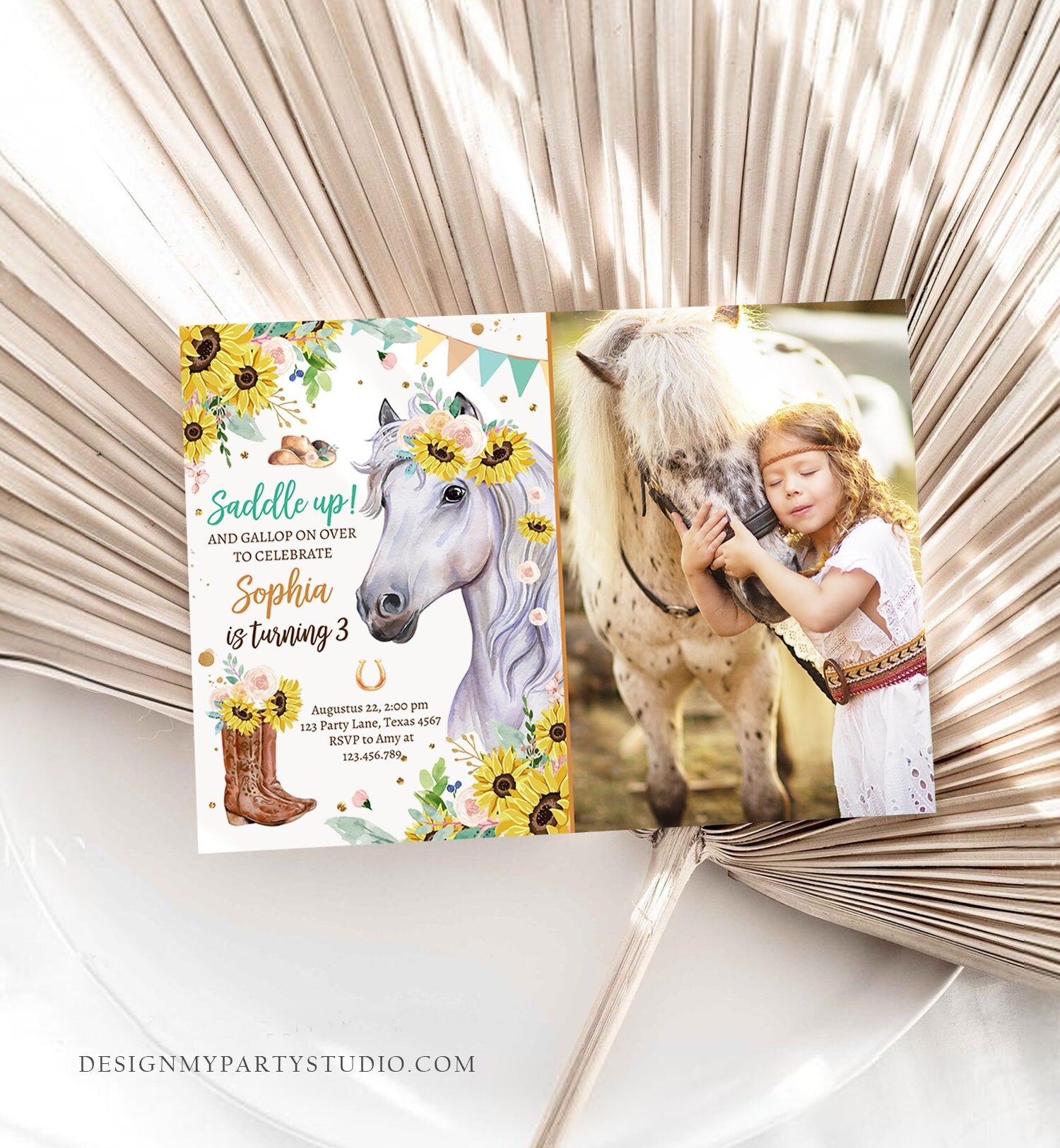 Editable Cowgirl Birthday Invitation Girl Saddle Up Watercolor Horse Party Horse Birthday Sunflowers Download Printable Template Corjl 0408