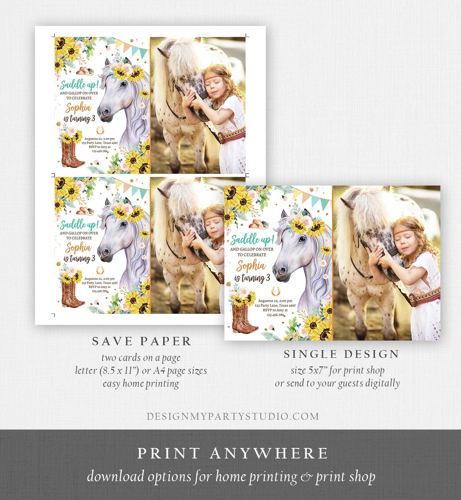 Editable Cowgirl Birthday Invitation Girl Saddle Up Watercolor Horse Party Horse Birthday Sunflowers Download Printable Template Corjl 0408