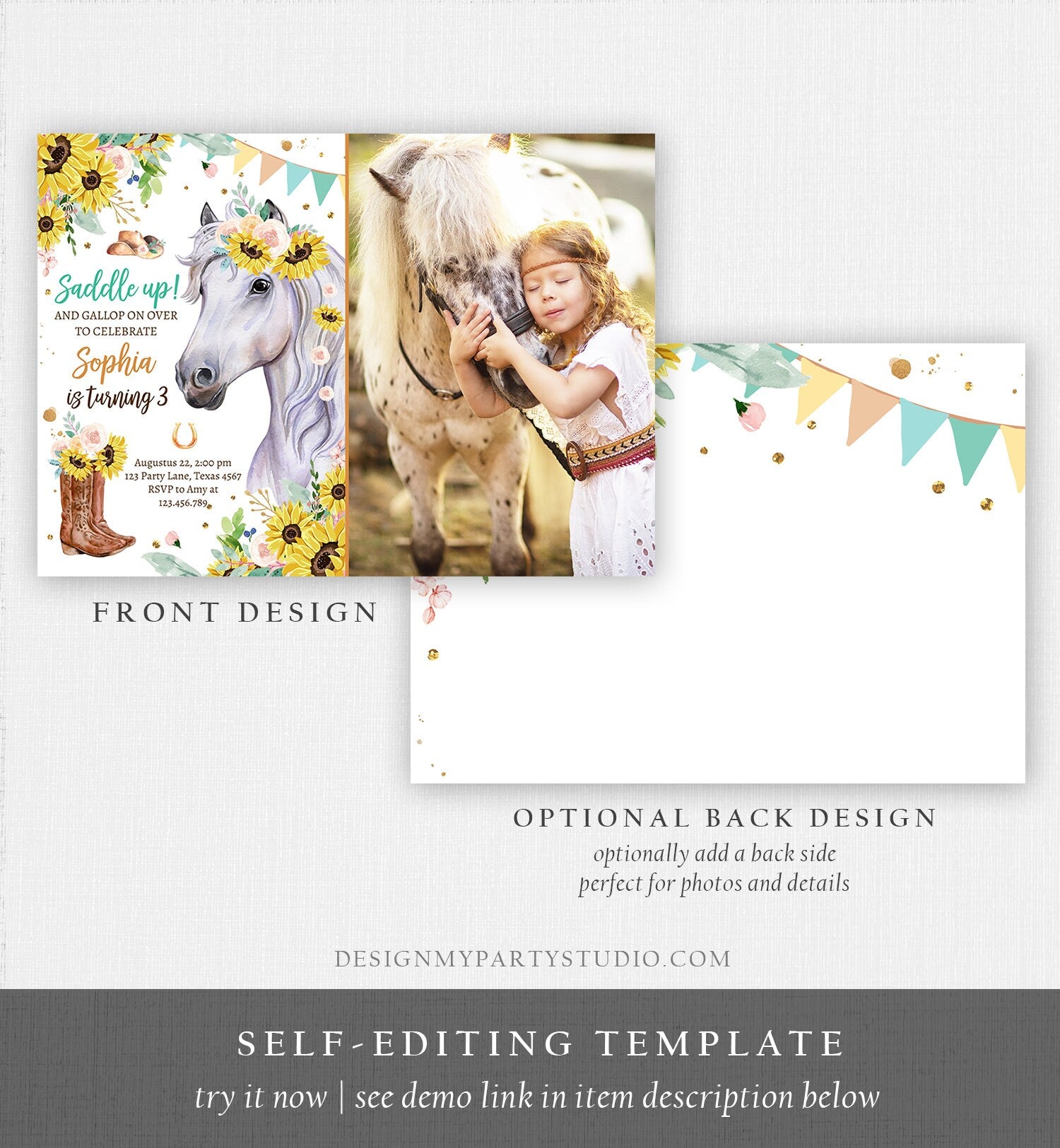 Editable Cowgirl Birthday Invitation Girl Saddle Up Watercolor Horse Party Horse Birthday Sunflowers Download Printable Template Corjl 0408