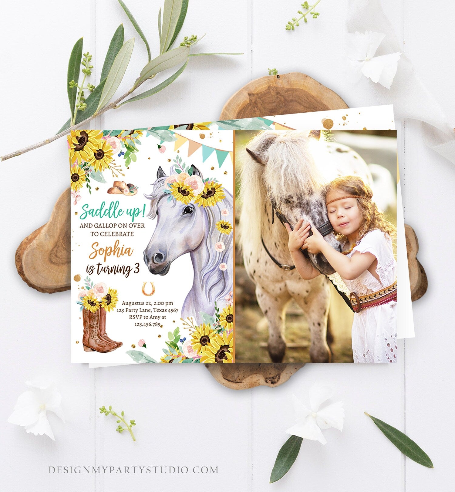 Editable Cowgirl Birthday Invitation Girl Saddle Up Watercolor Horse Party Horse Birthday Sunflowers Download Printable Template Corjl 0408