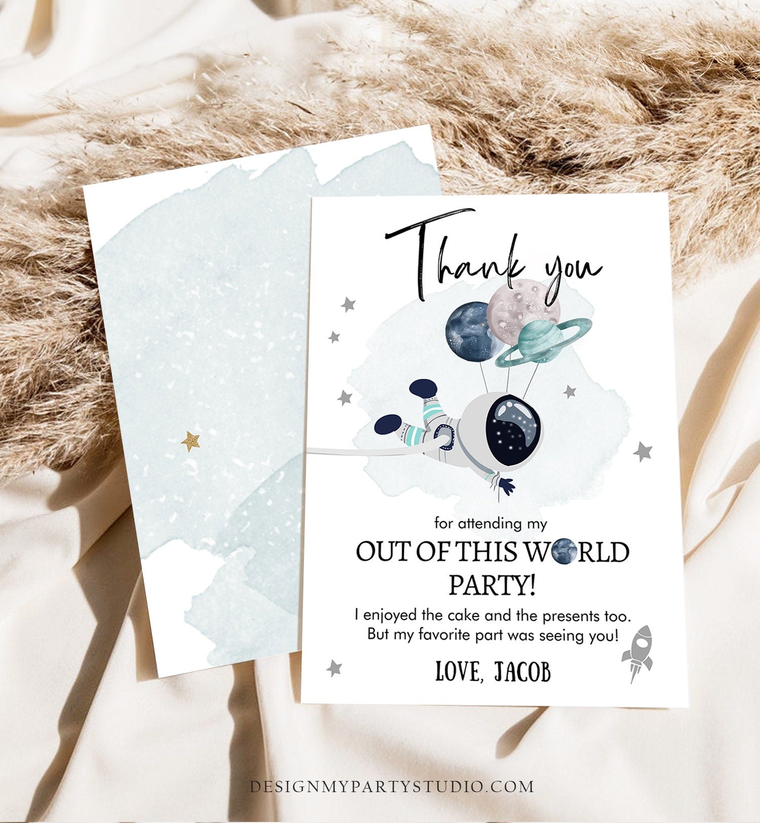 Editable Space Birthday Thank You Card Space Astronaut Thank You Note Planets Boy Blue Digital Download Template Printable 0366