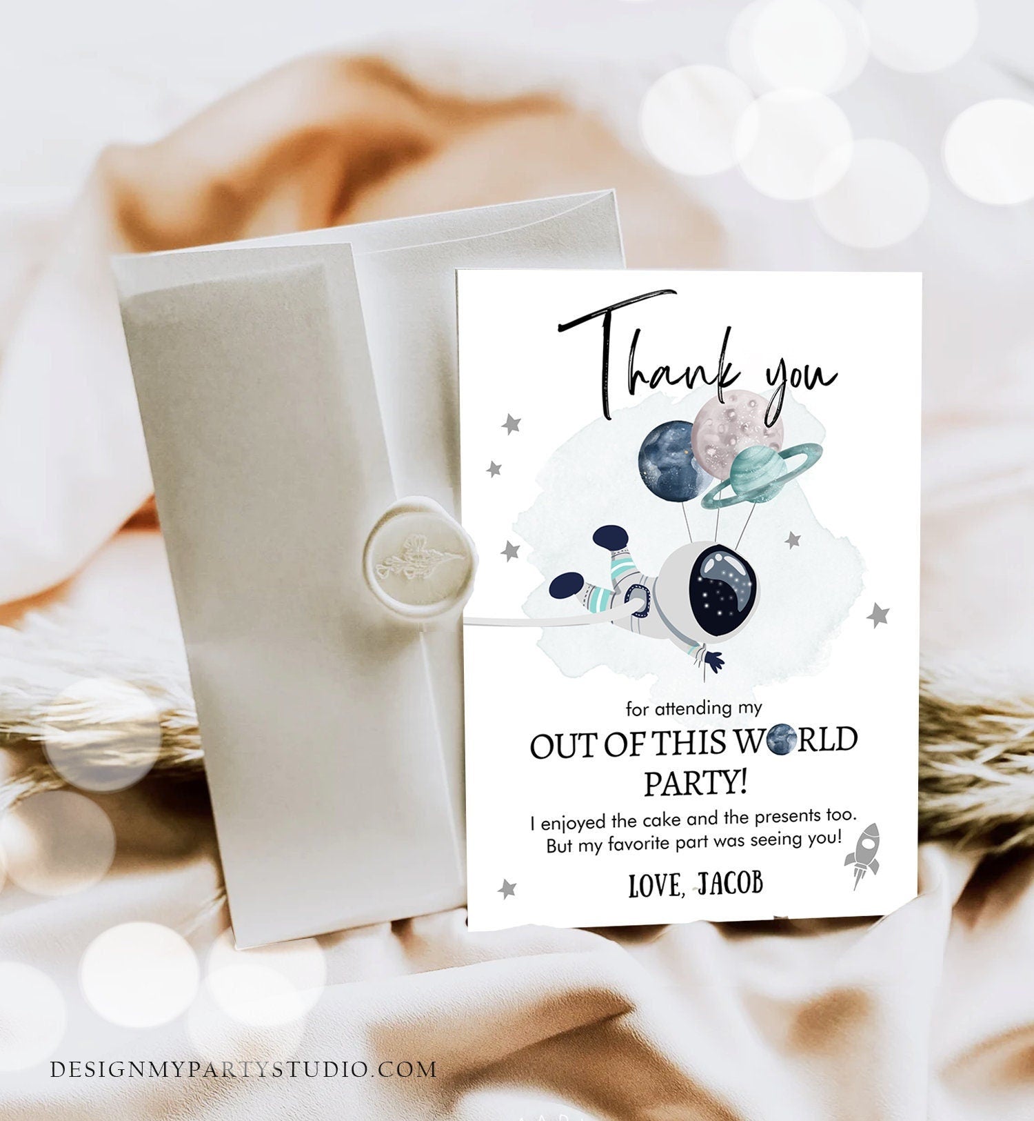 Editable Space Birthday Thank You Card Space Astronaut Thank You Note Planets Boy Blue Digital Download Template Printable 0366