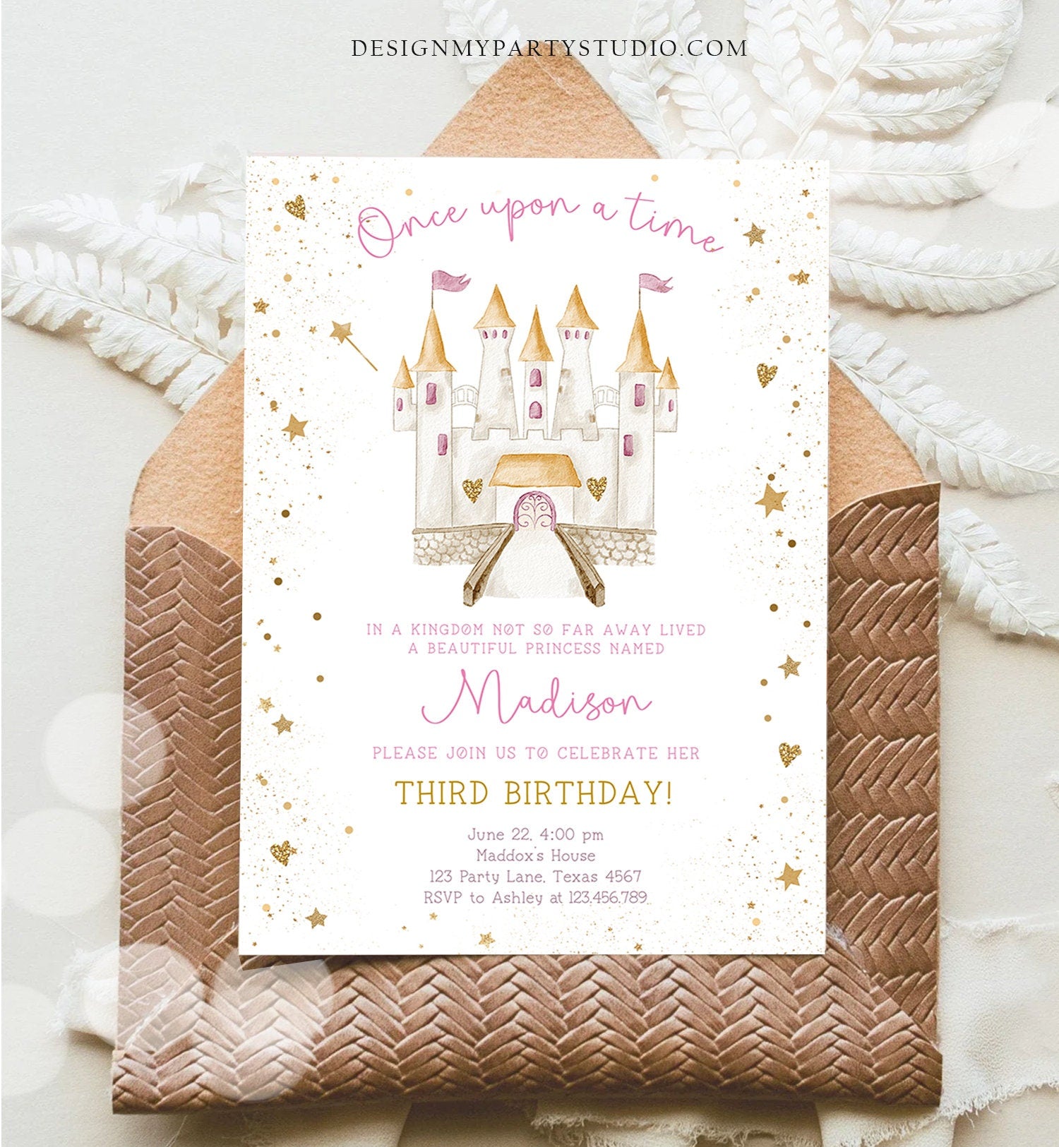 Editable Princess Castle Birthday Invitation Once Upon a Time Princess Royal Girl Magical Celebration Digital Template Printable 0477