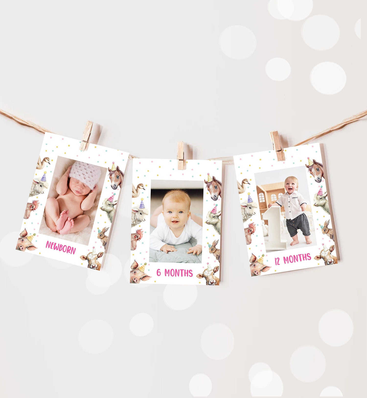 Editable Pink Farm Animals First Birthday Banner Monthly Photo Banner Barnyard Bash Birthday Decor Floral Download PRINTABLE Corjl 0448