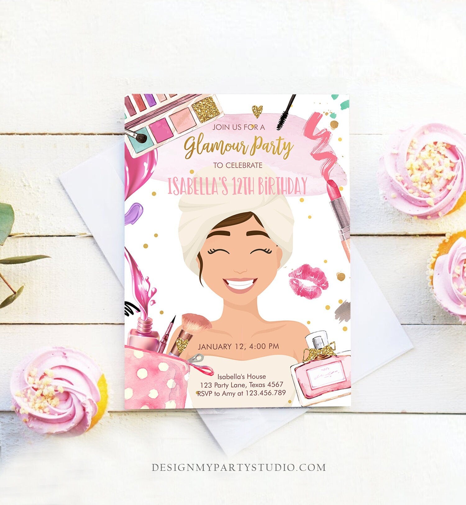 Editable Glamour Birthday Party Glitters and Glamour Spa Makeup Birthday Invitation Pink Gold Girl Download Printable Template Evite 0420