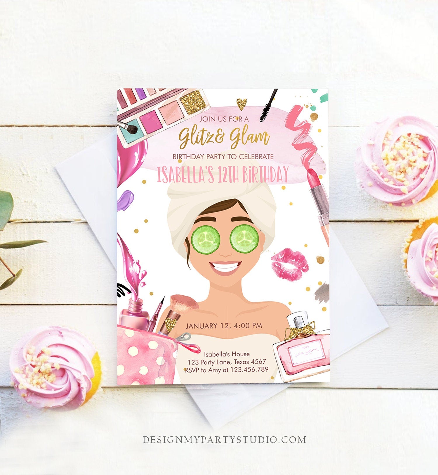 Editable Glitz and Glam Birthday Party Invitation Spa Party Makeup Birthday Invitation Pink Gold Girl Download Evite Template Printable 0420