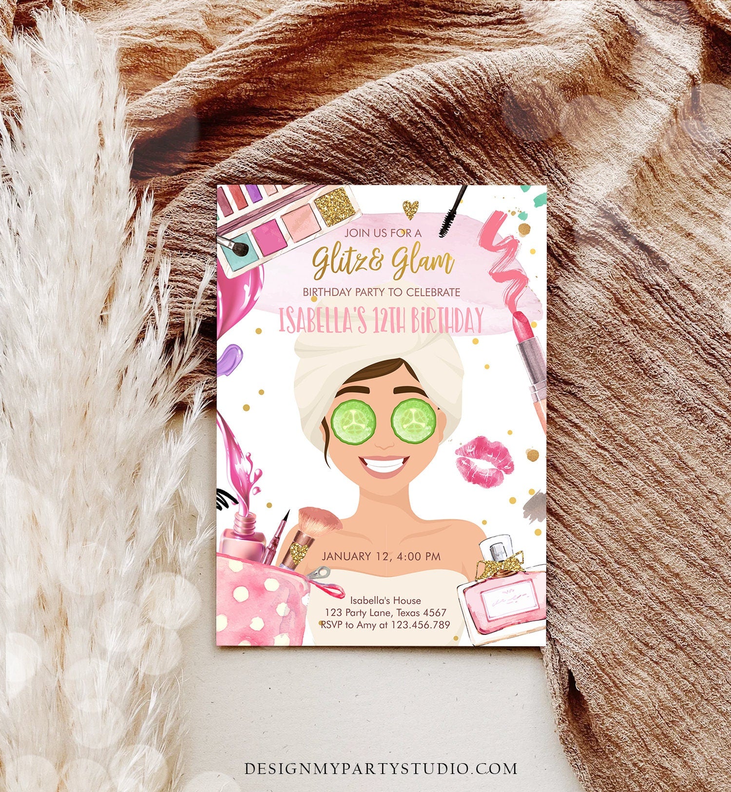 Editable Glitz and Glam Birthday Party Invitation Spa Party Makeup Birthday Invitation Pink Gold Girl Download Evite Template Printable 0420