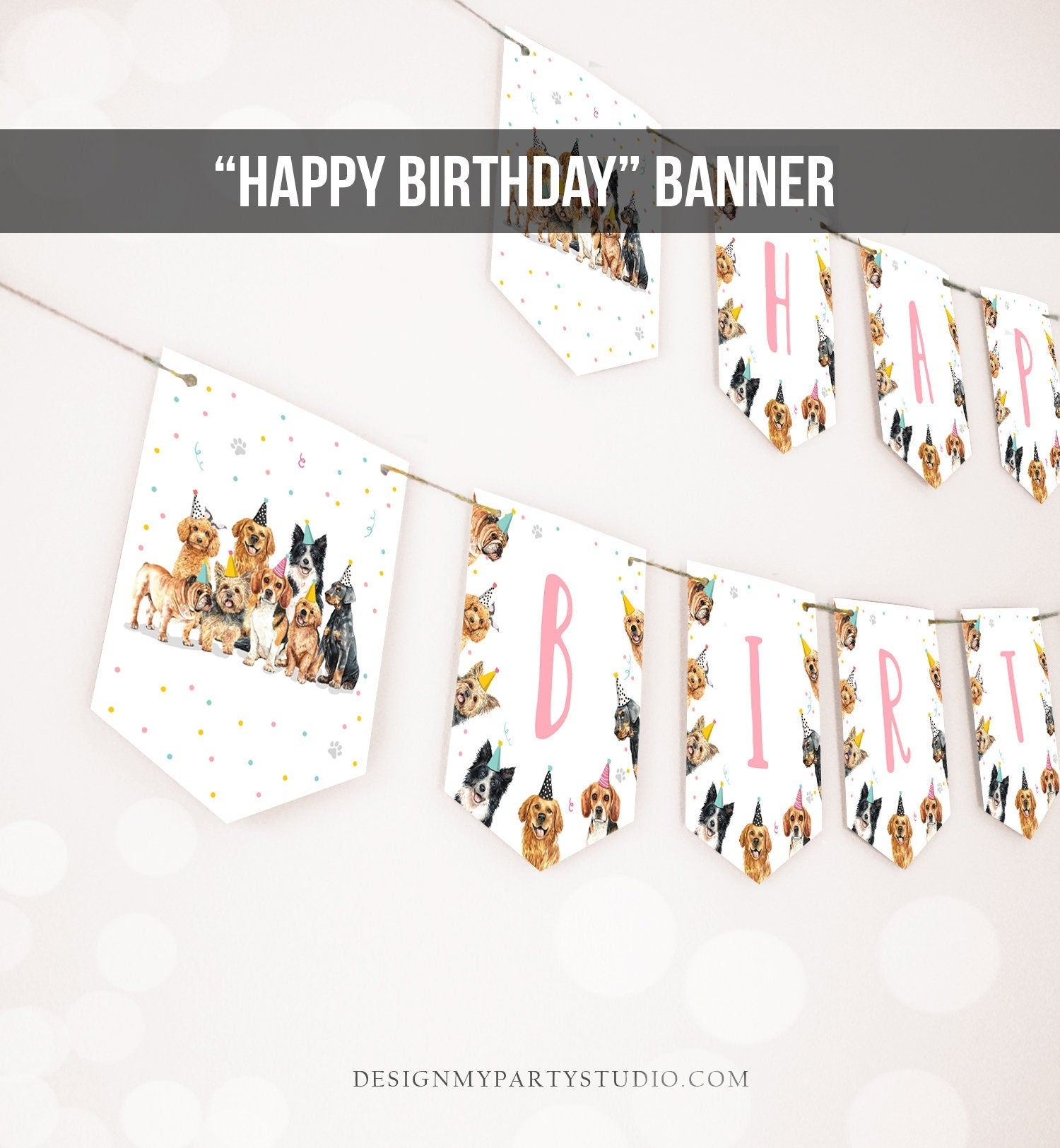 Happy Birthday Banner Dog Birthday Banner Puppy Pawty Girl Decor Animal Pet Vet Puppy Party Dogs 1st Download PRINTABLE DIGITAL DIY 0384