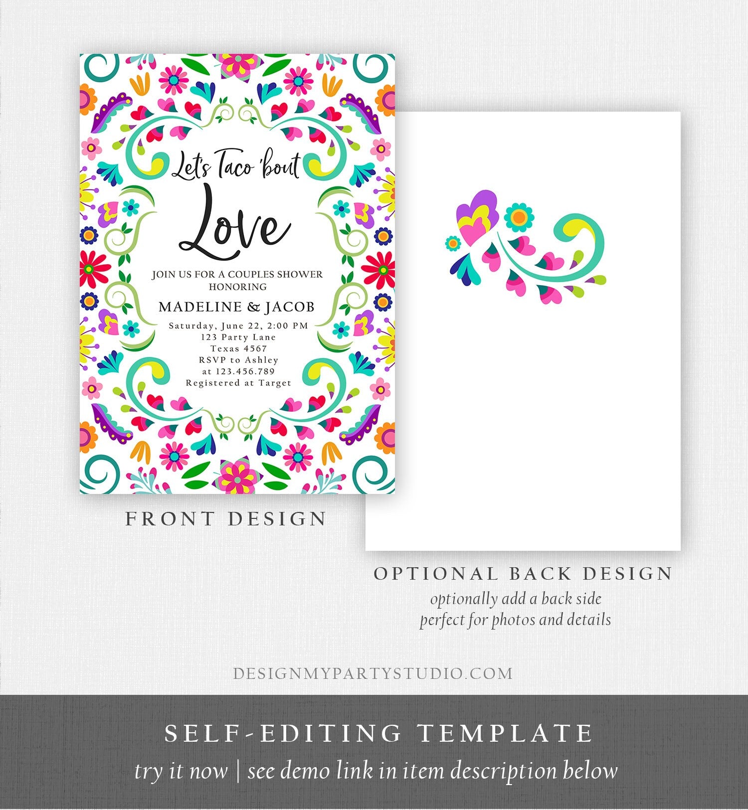 Editable Let's Taco Bout Love Invitation Couples Shower Fiesta Bridal Shower Floral Fiesta Wedding Engagement Template Corjl Printable 0466