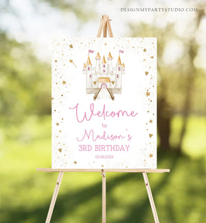 Editable Princess Castle Birthday Welcome Sign Girl Princess Welcome Royal Dress-up Party Costume Pink Gold Template Corjl PRINTABLE 0477