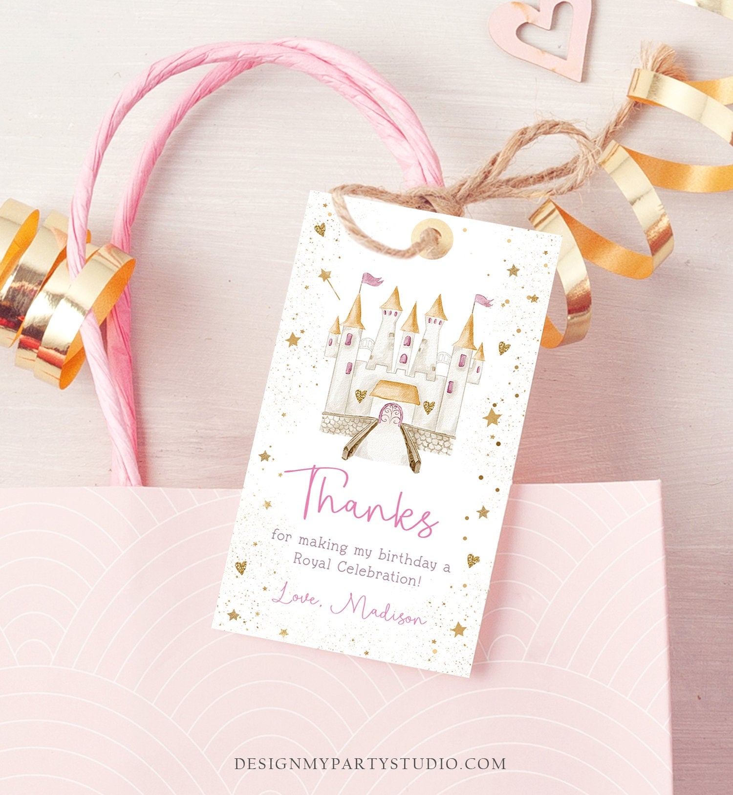 Editable Princess Castle Favor Tags Thank You Girl Birthday Royal Party Princess Costume Magical Download Corjl Template Printable 0477