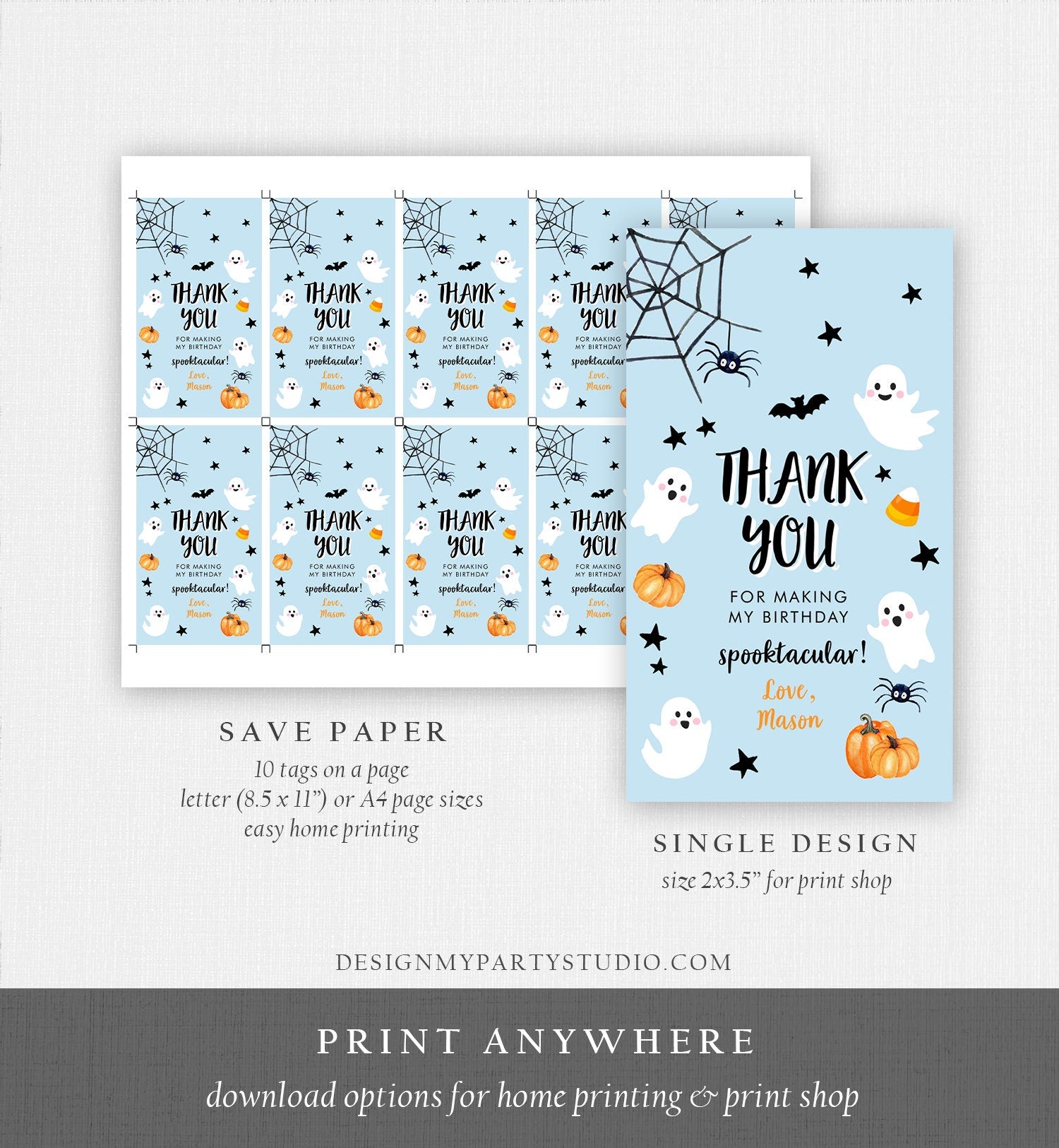 Editable Halloween Birthday Thank You Favor Tags Costume Party Boy Blue Spooktacular Ghost Party Digital Download Template Printable 0418