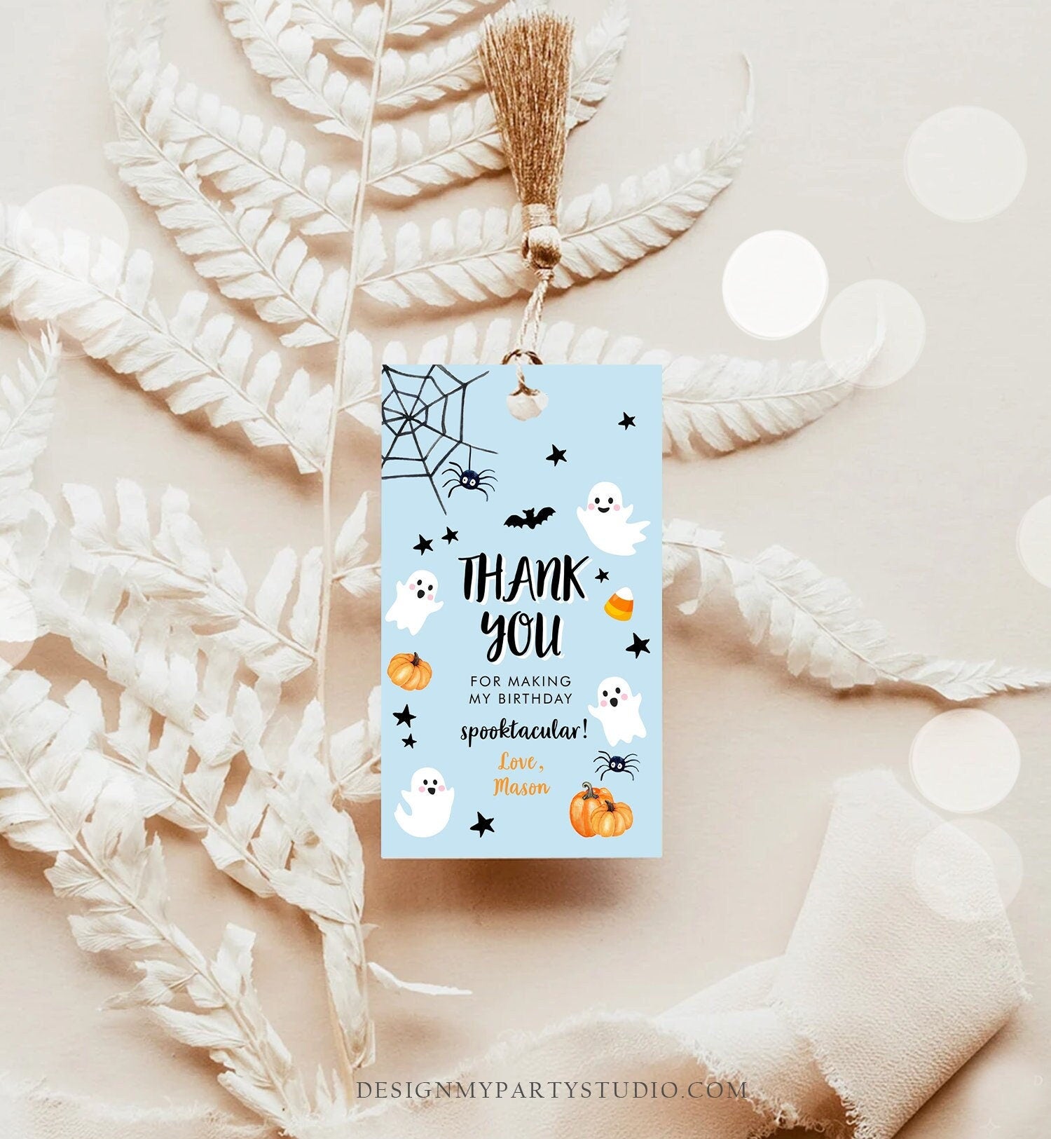 Editable Halloween Birthday Thank You Favor Tags Costume Party Boy Blue Spooktacular Ghost Party Digital Download Template Printable 0418