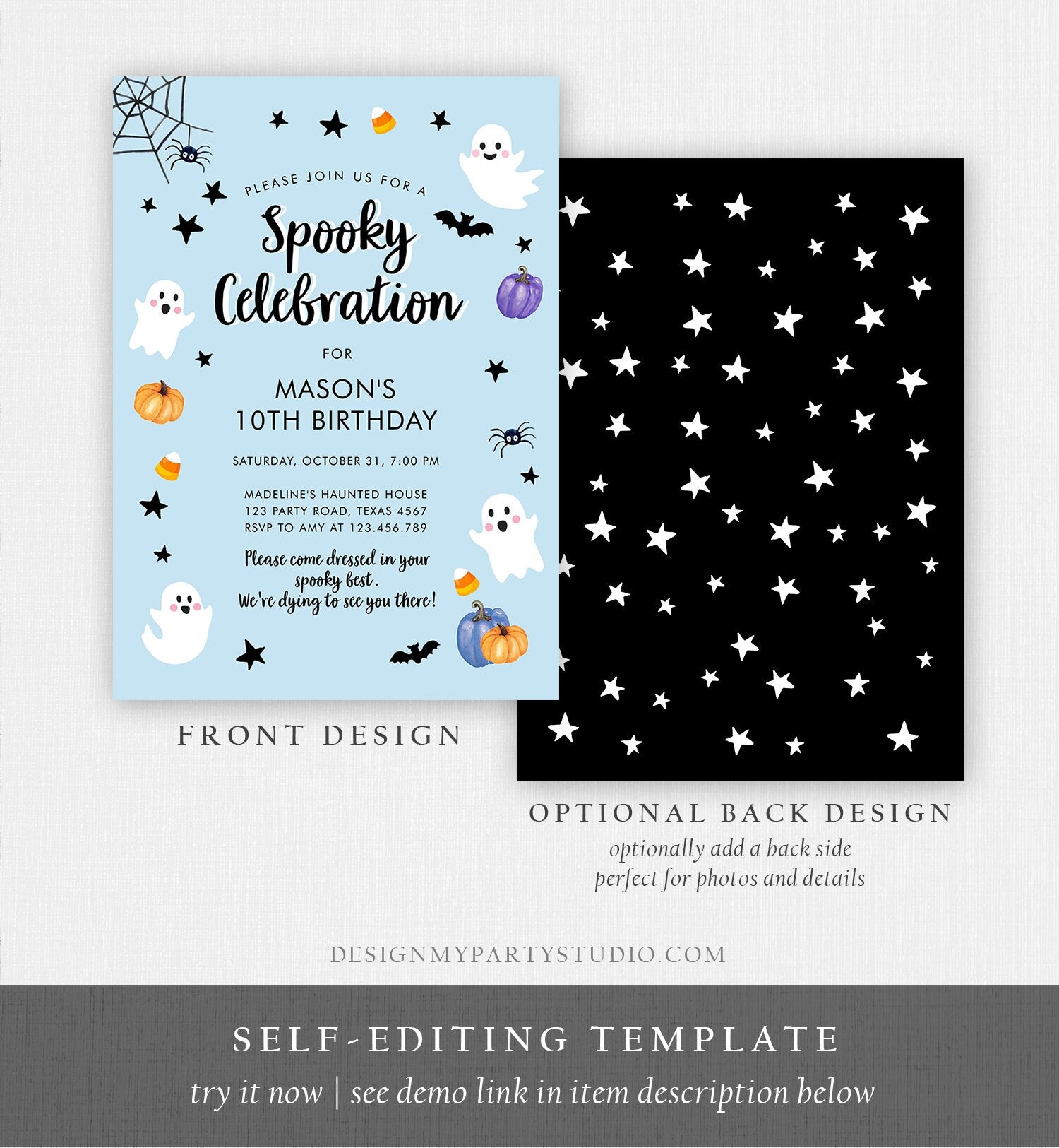 Editable Halloween Party Invitation Boy Blue Ghost Costume Halloween Birthday Spooktacular Digital Download Template Printable 0009 0418