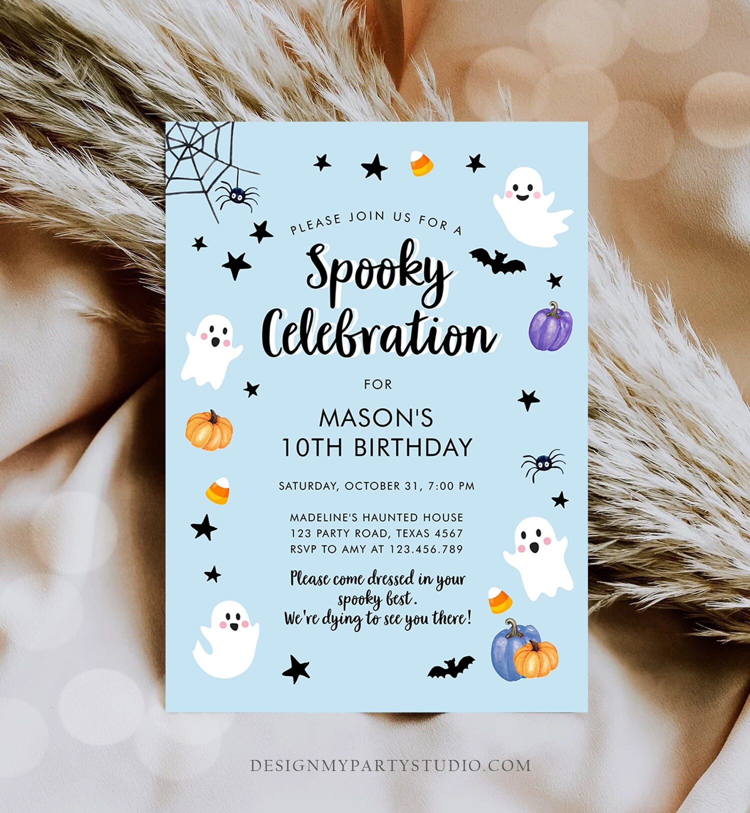 Editable Halloween Party Invitation Boy Blue Ghost Costume Halloween Birthday Spooktacular Digital Download Template Printable 0009 0418