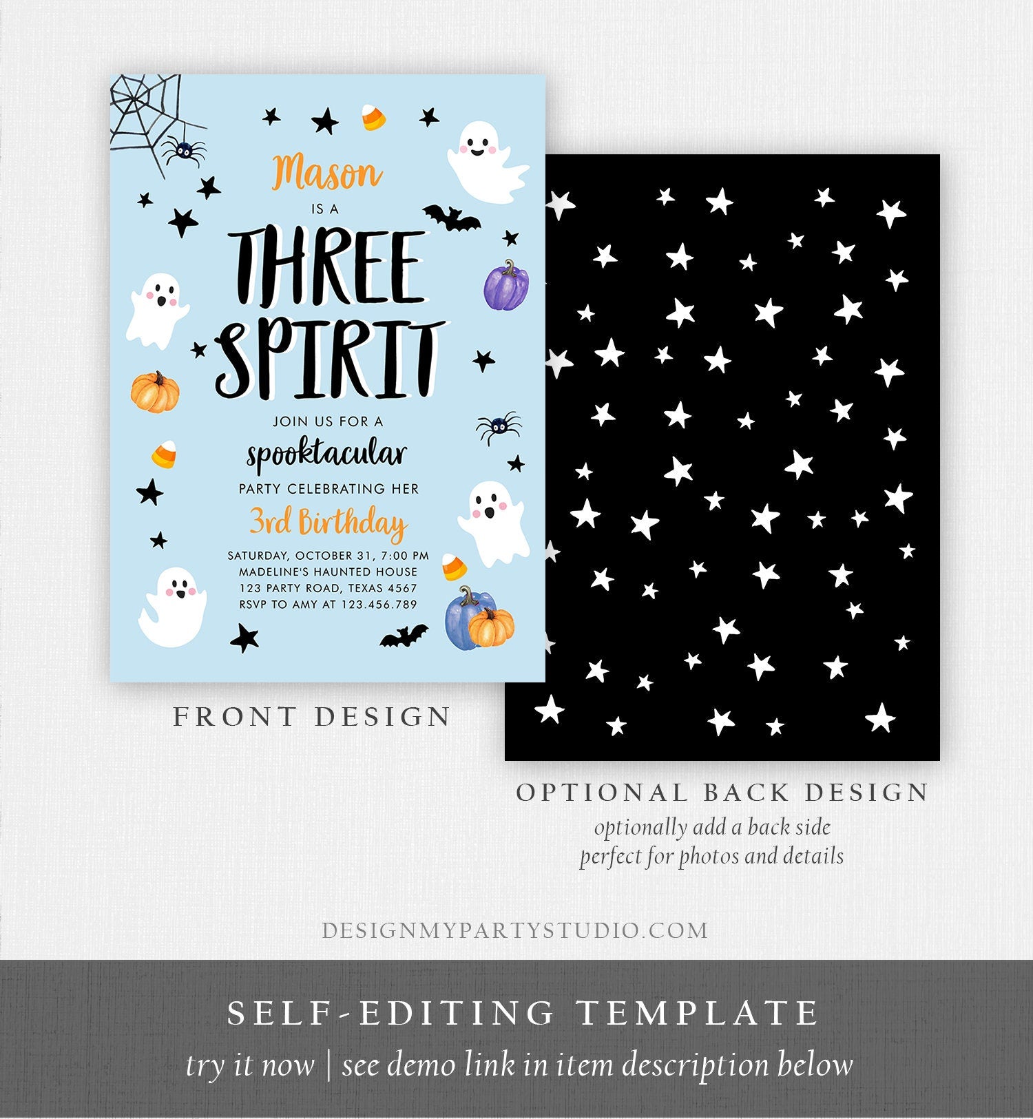 Editable Halloween Birthday Invitation Boy Blue Ghost Three Spirit 3rd Birthday Party Spooktacular Spooky Printable Template Corjl 0009 0418