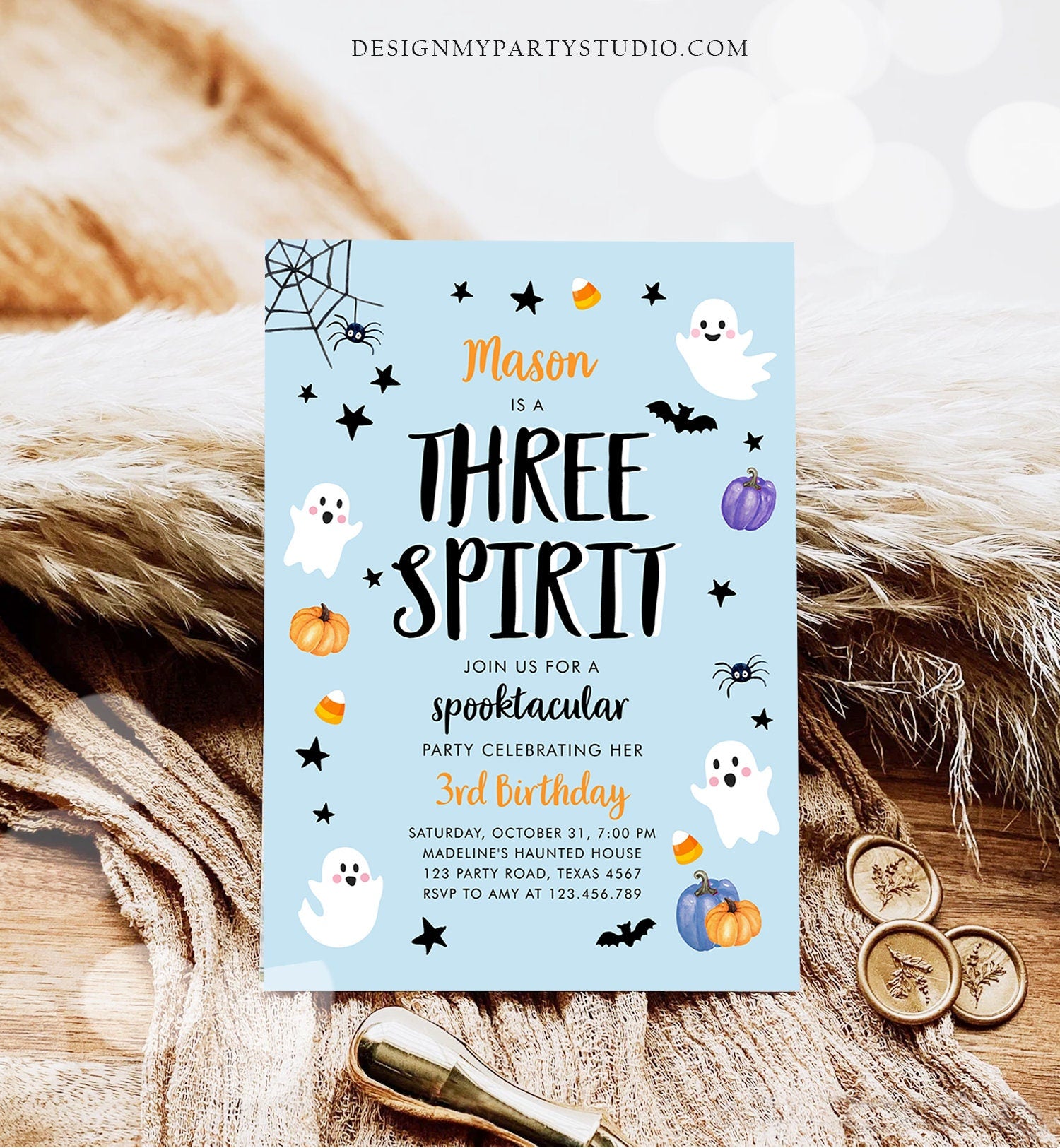 Editable Halloween Birthday Invitation Boy Blue Ghost Three Spirit 3rd Birthday Party Spooktacular Spooky Printable Template Corjl 0009 0418